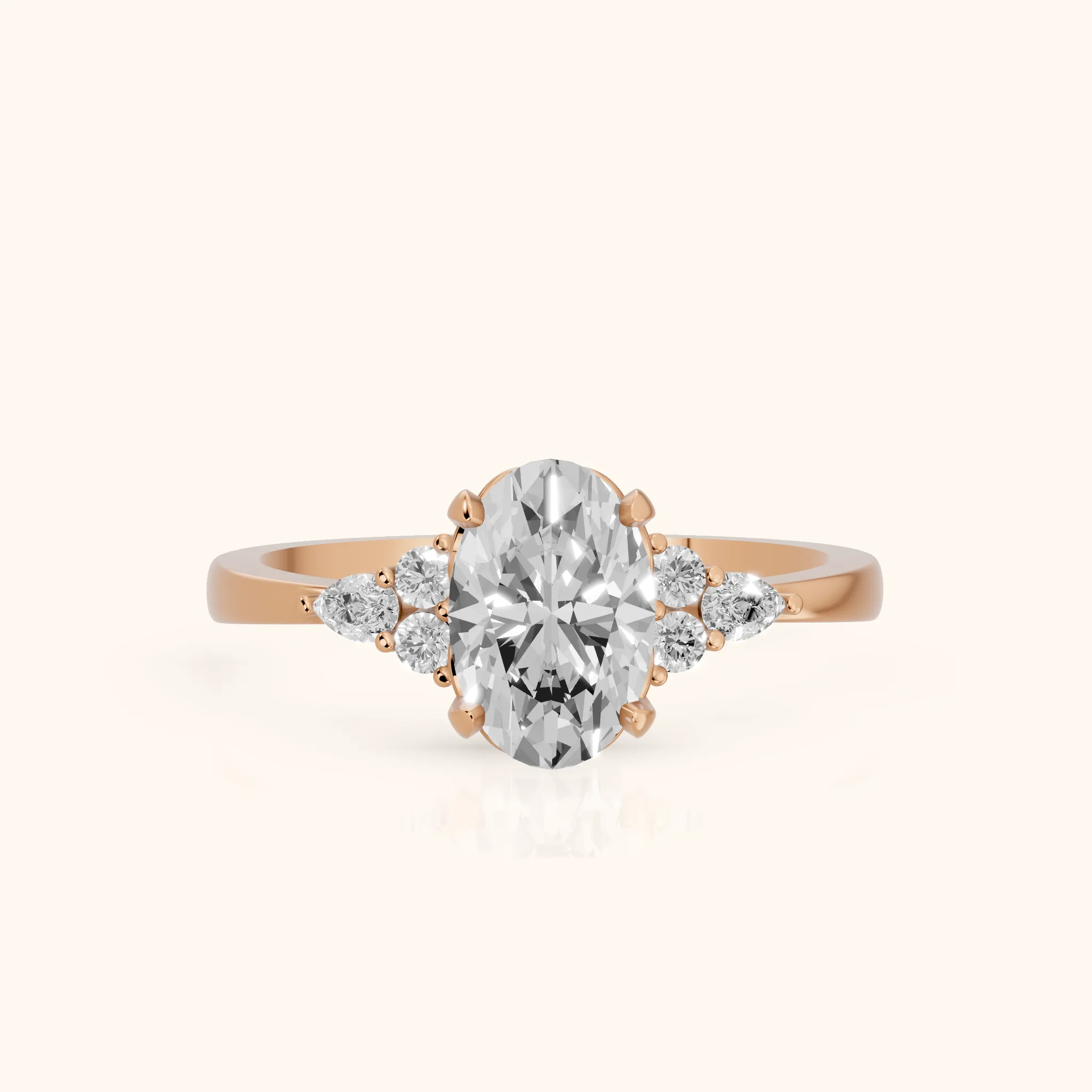 Amelia Three Stone Oval Diamond Engagement Ring in Rose Gold — view 1