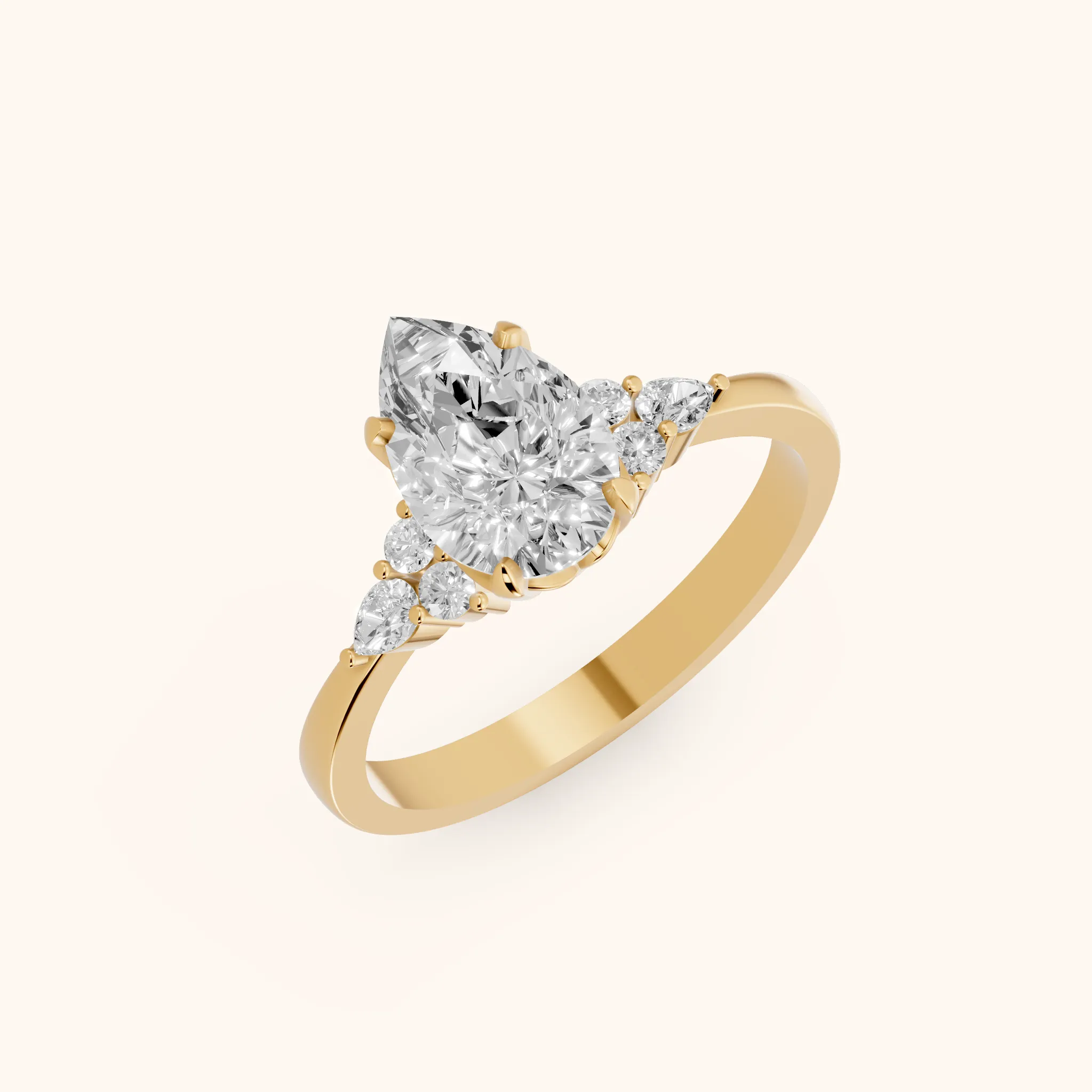 Amelia Three Stone Pear Diamond Engagement Ring in Yellow Gold