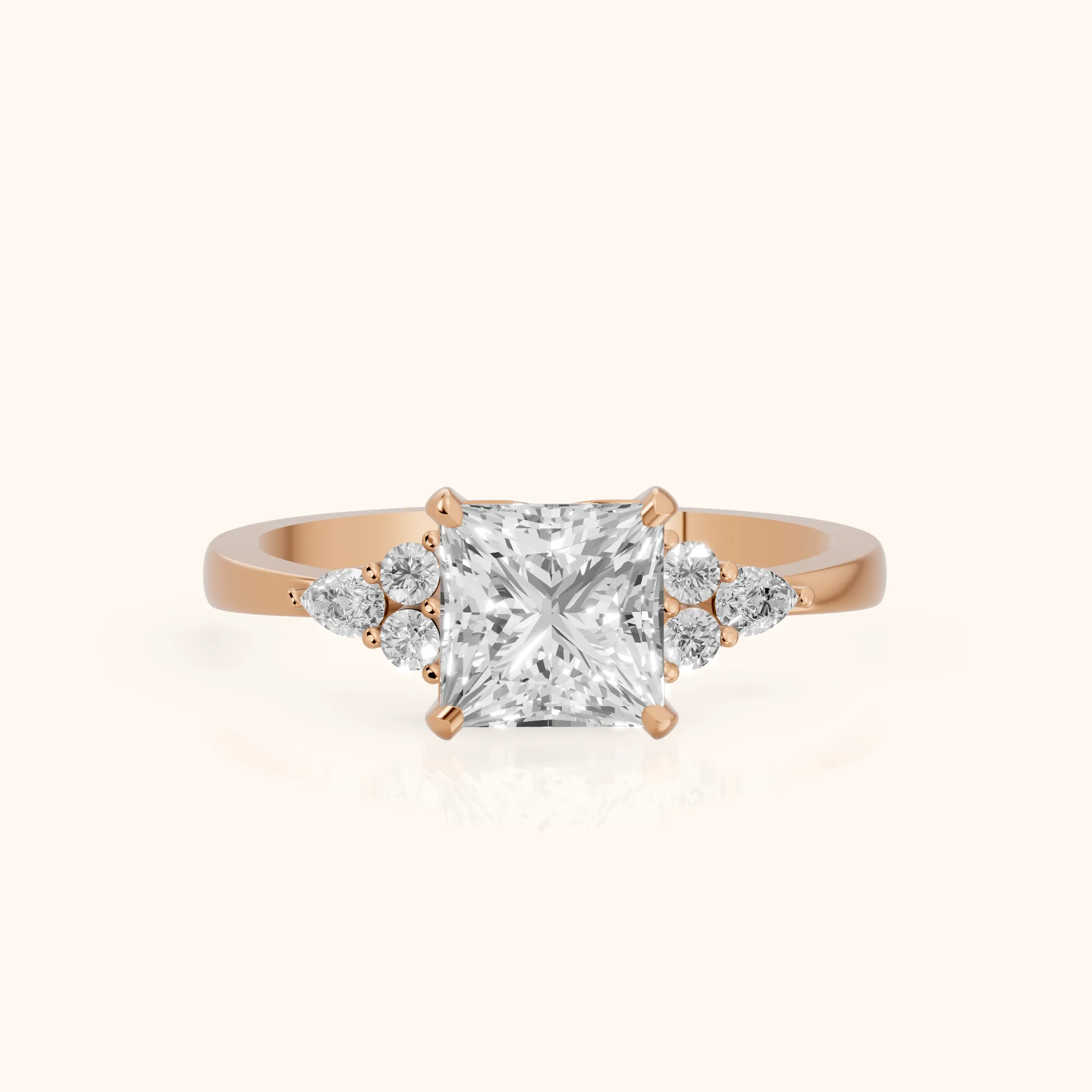 Amelia Three Stone Princess Diamond Engagement Ring in Rose Gold — view 1