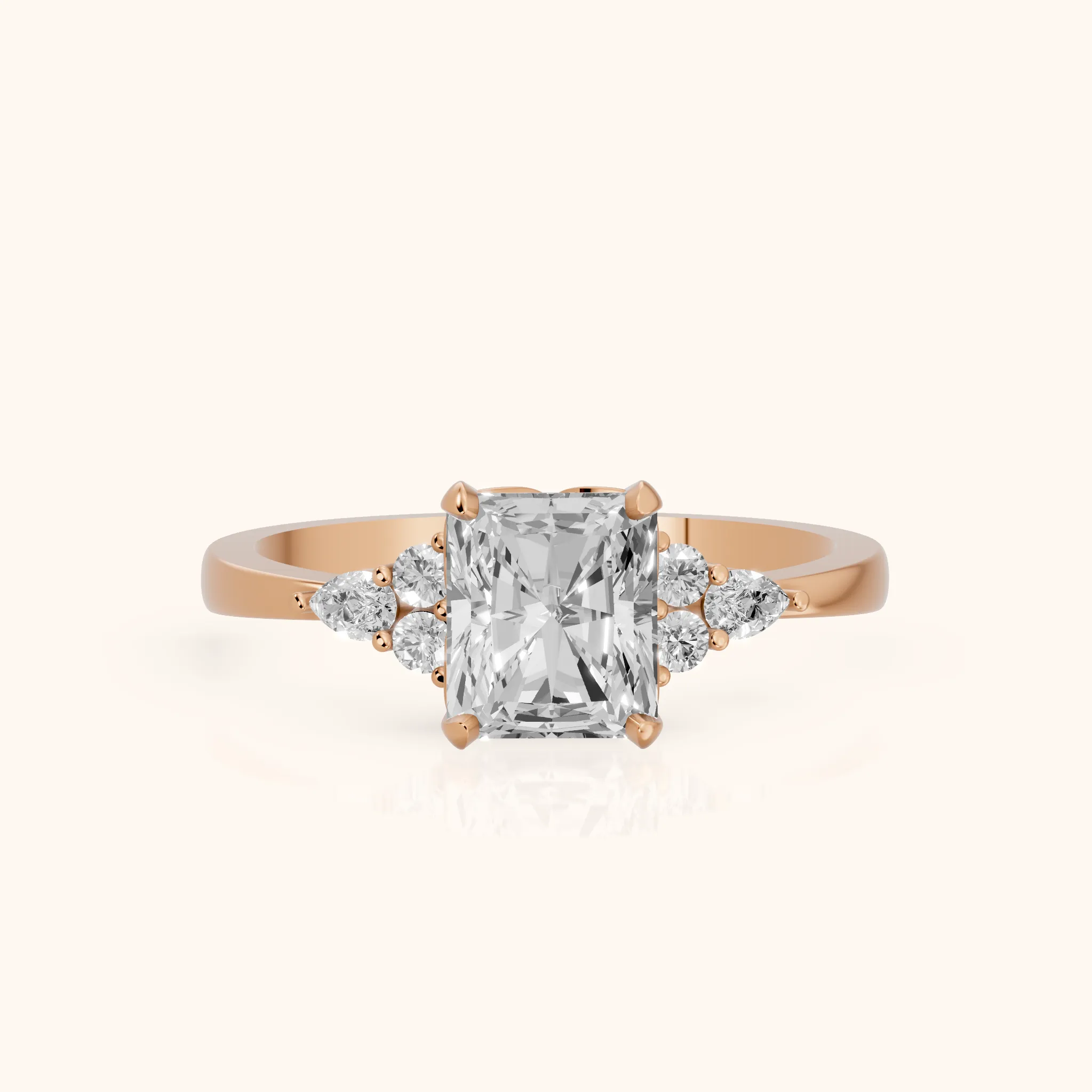 Amelia Three Stone Radiant Diamond Engagement Ring in Rose Gold — view 1