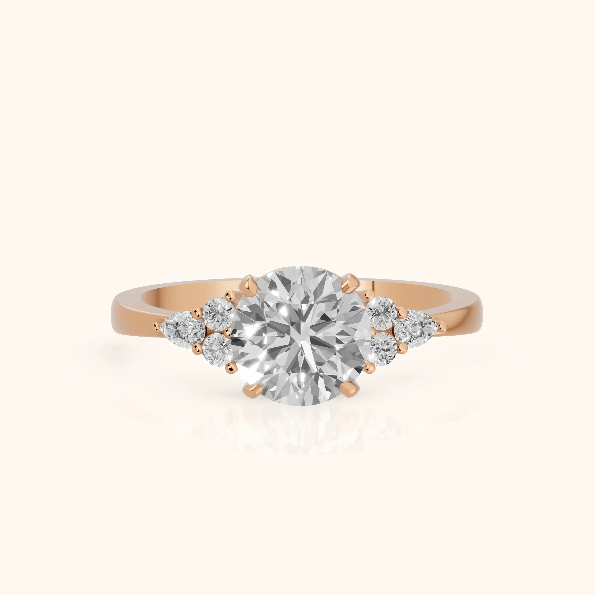 Amelia Three Stone Round Diamond Engagement Ring in Rose Gold — view 1