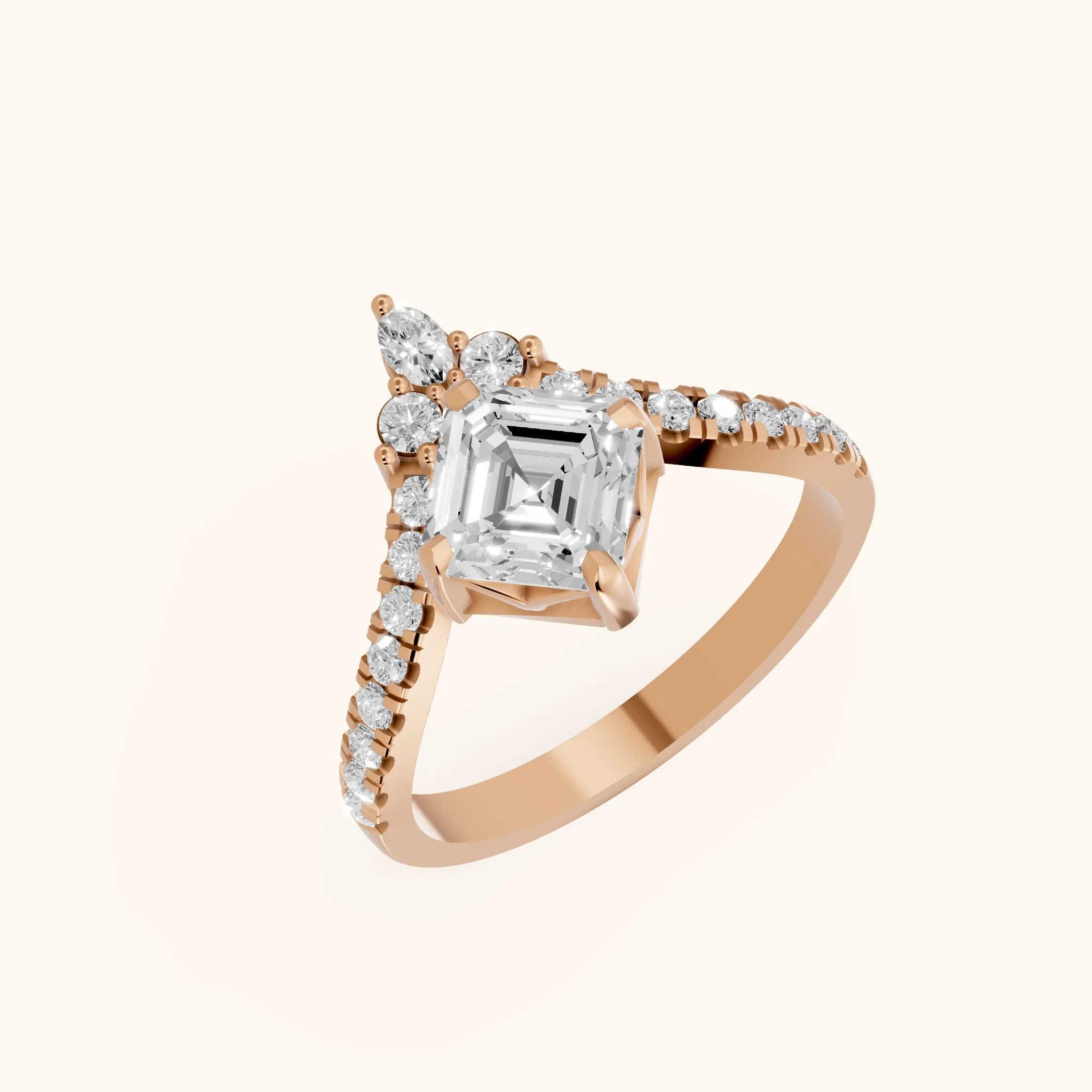Bague de fiançailles Isabella Legacy en or rose avec diamants Asscher et pierres latérales