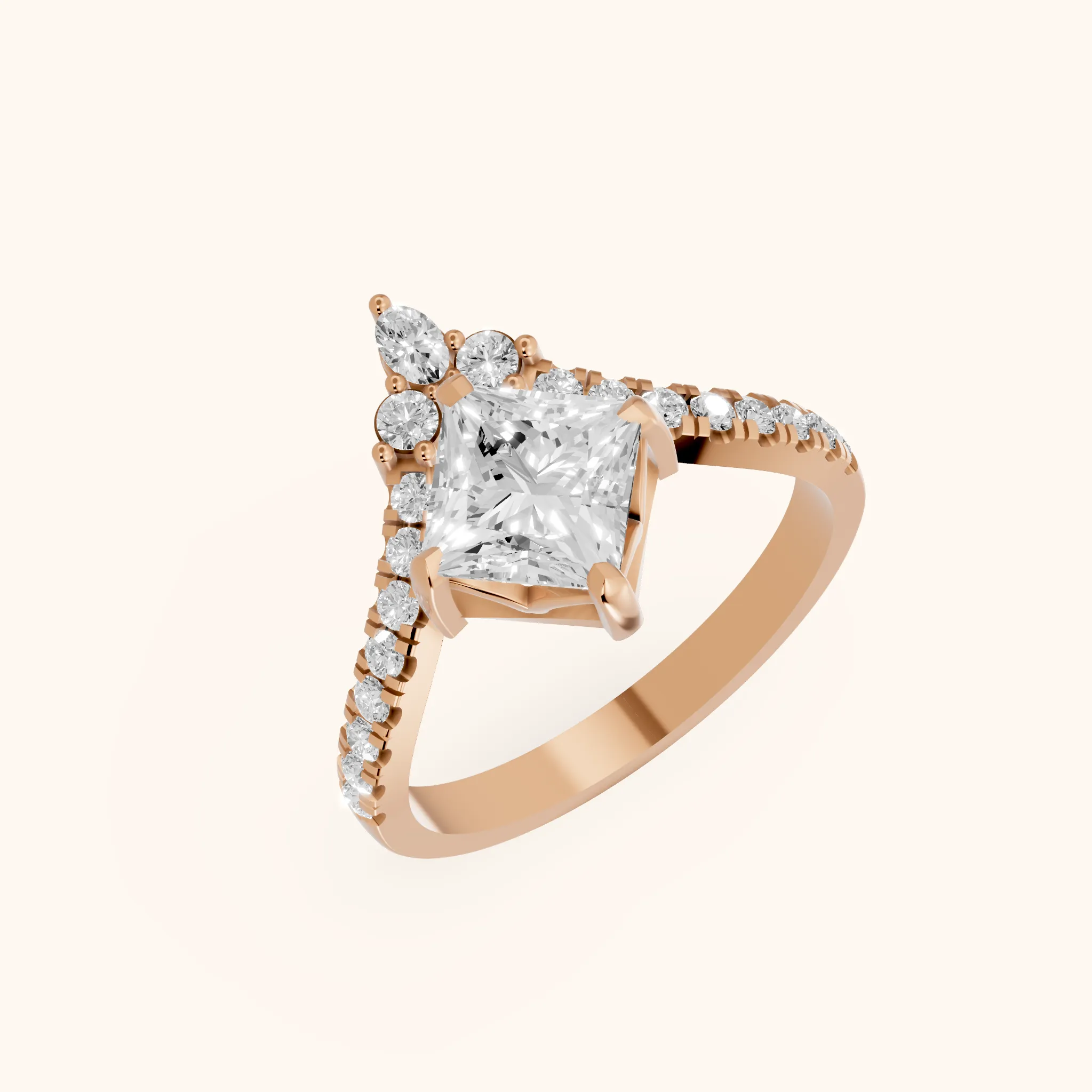Bague de fiançailles Isabella Legacy en or rose avec diamant princesse et pierres latérales