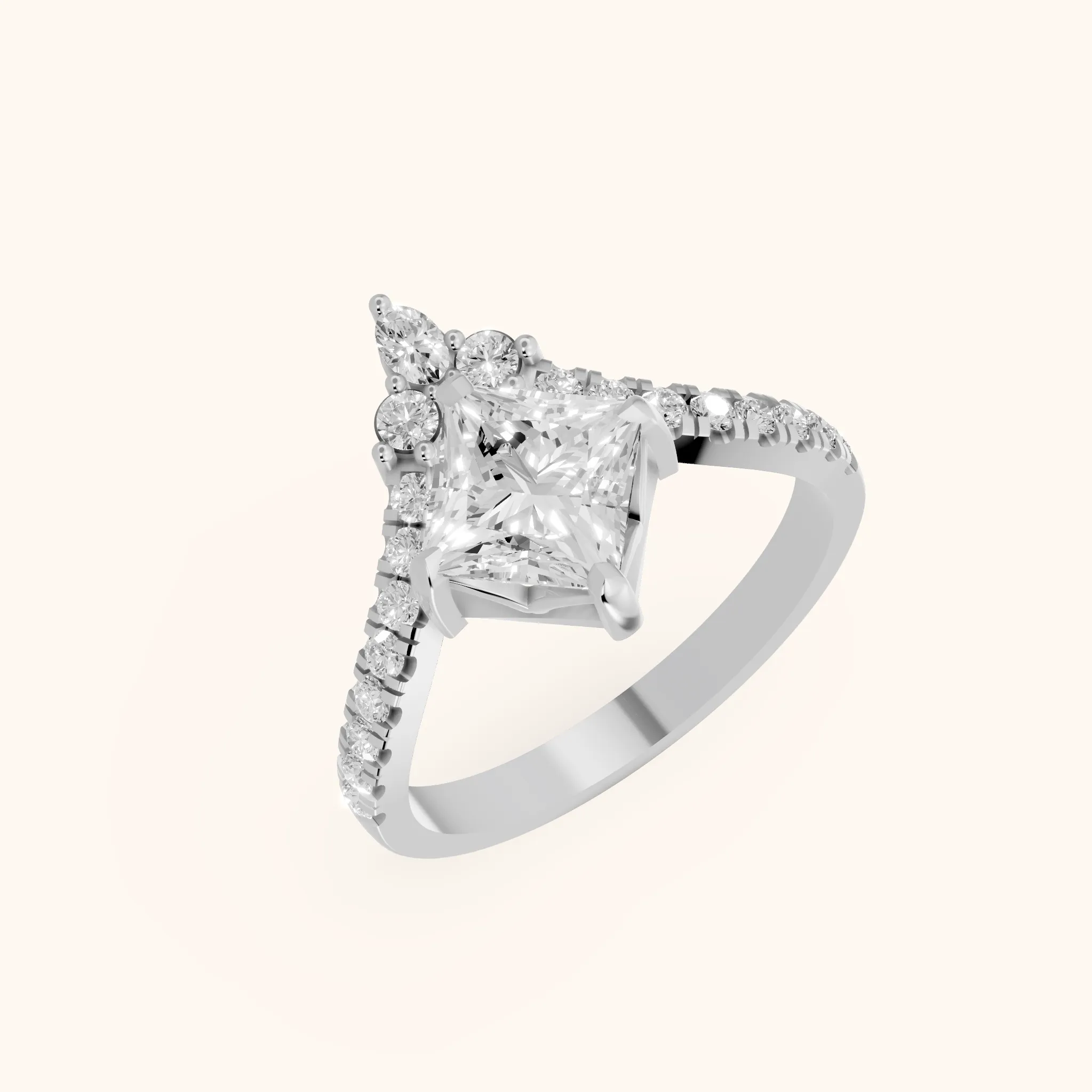 Bague de fiançailles Isabella Legacy en argent avec diamant princesse et pierres latérales