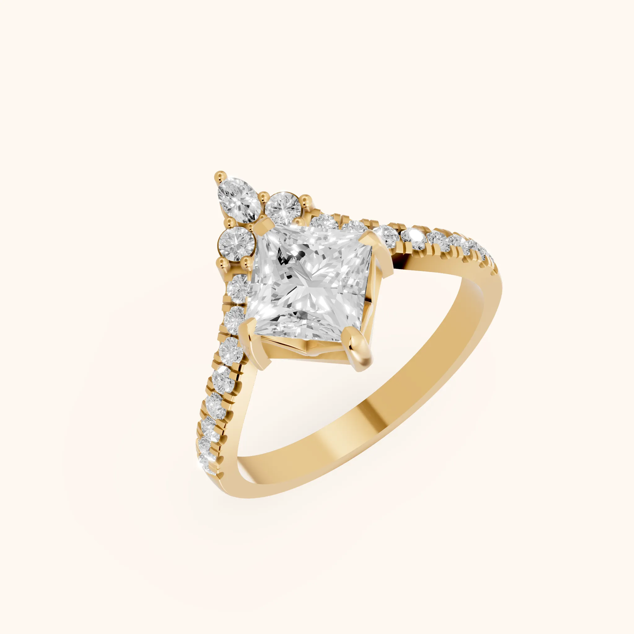 Bague de Fiançailles Isabella Legacy en Or Jaune, Diamant Princesse avec Pierres Latérales