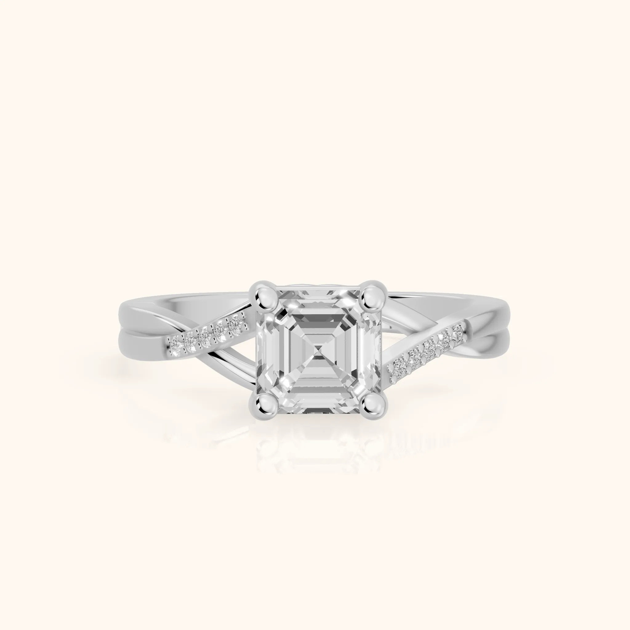 Bague de Fiançailles Veronica Twist avec Diamant Asscher et Pierres Latérales en Or Blanc — view 1