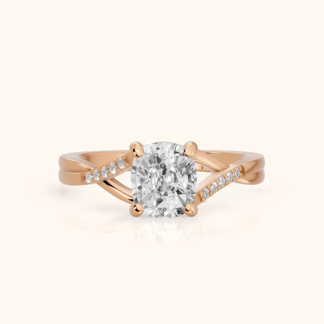 Veronica Twist Side Stone Cushion Diamond Engagement Ring in Rose Gold — view 2