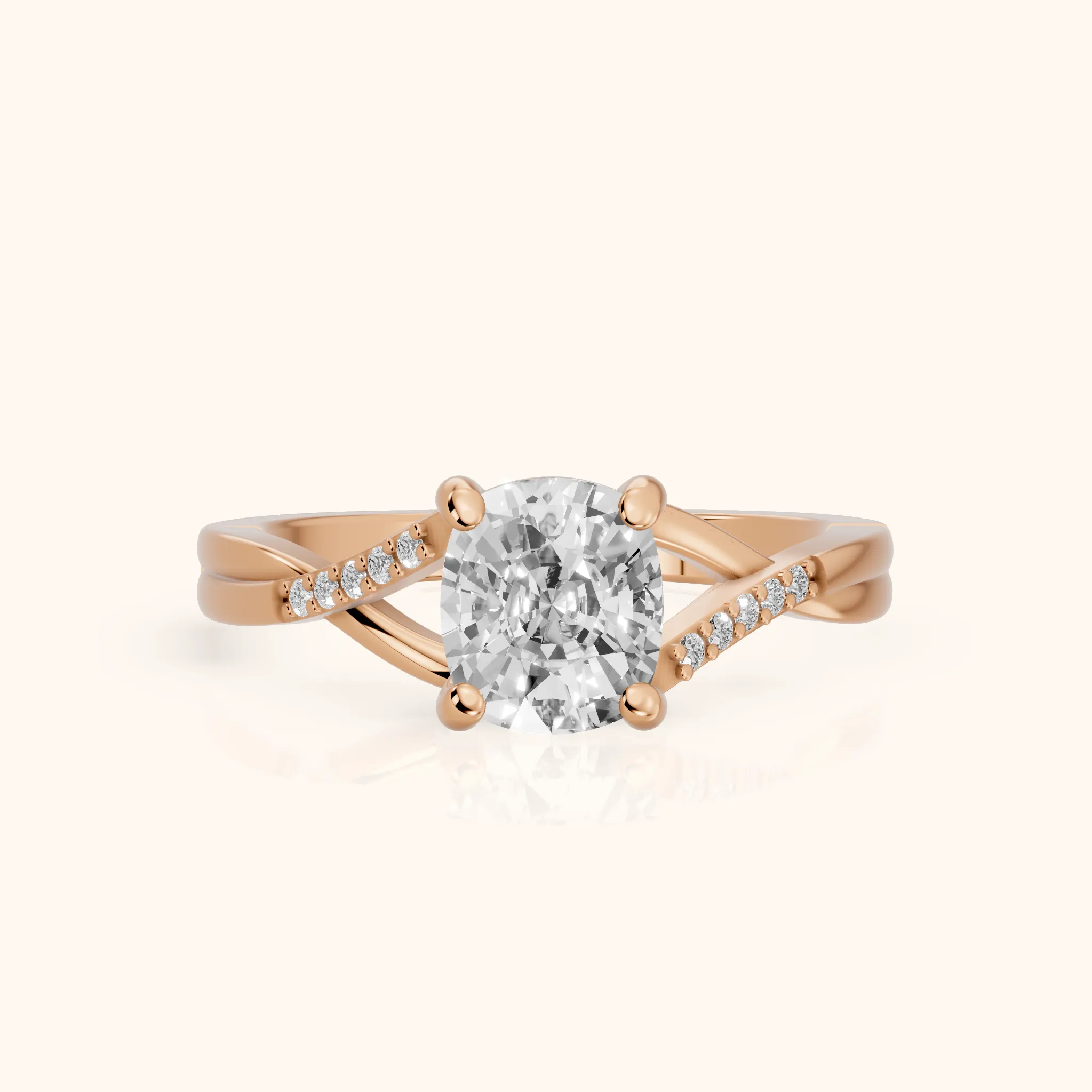 Veronica Twist Side Stone Cushion Diamond Engagement Ring in Rose Gold — view 1