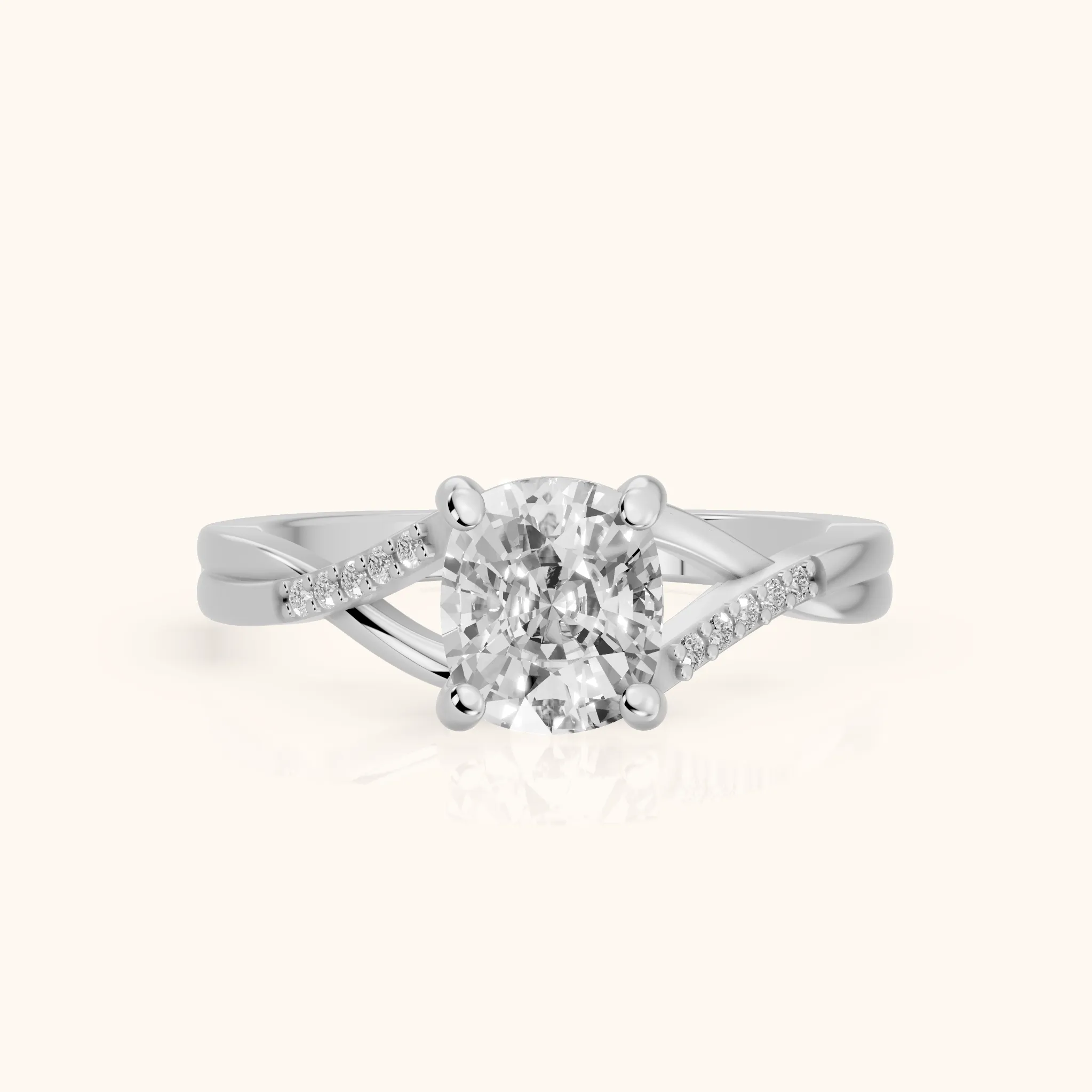 Bague de fiançailles en or blanc avec diamant coussin, à jonc torsadé et pierres latérales Veronica — view 1