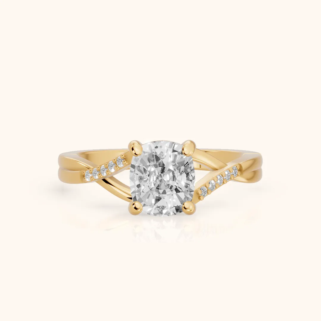 Veronica Twist Side Stone Cushion Diamond Engagement Ring in Yellow Gold — view 2