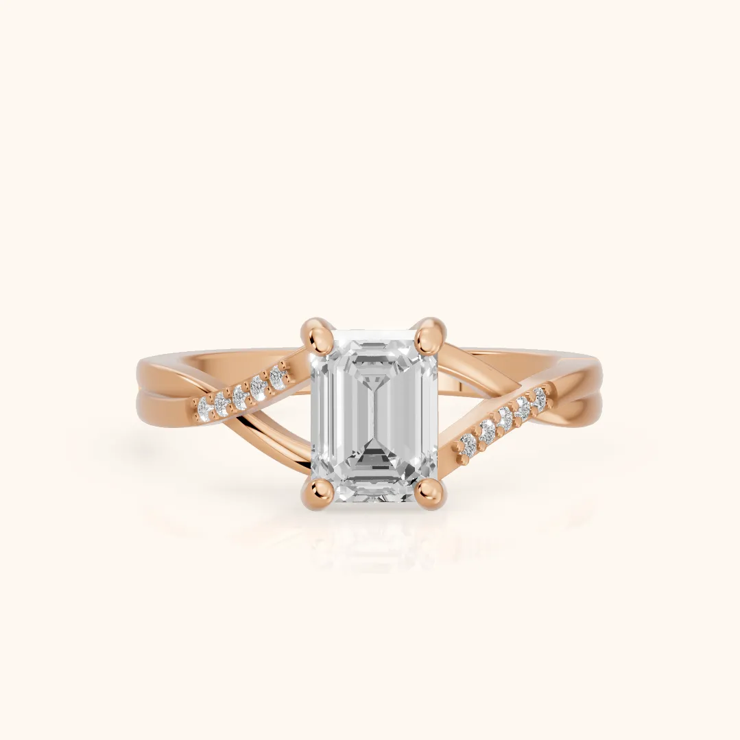 Veronica Twist Side Stone Emerald Diamond Engagement Ring in Rose Gold — view 2