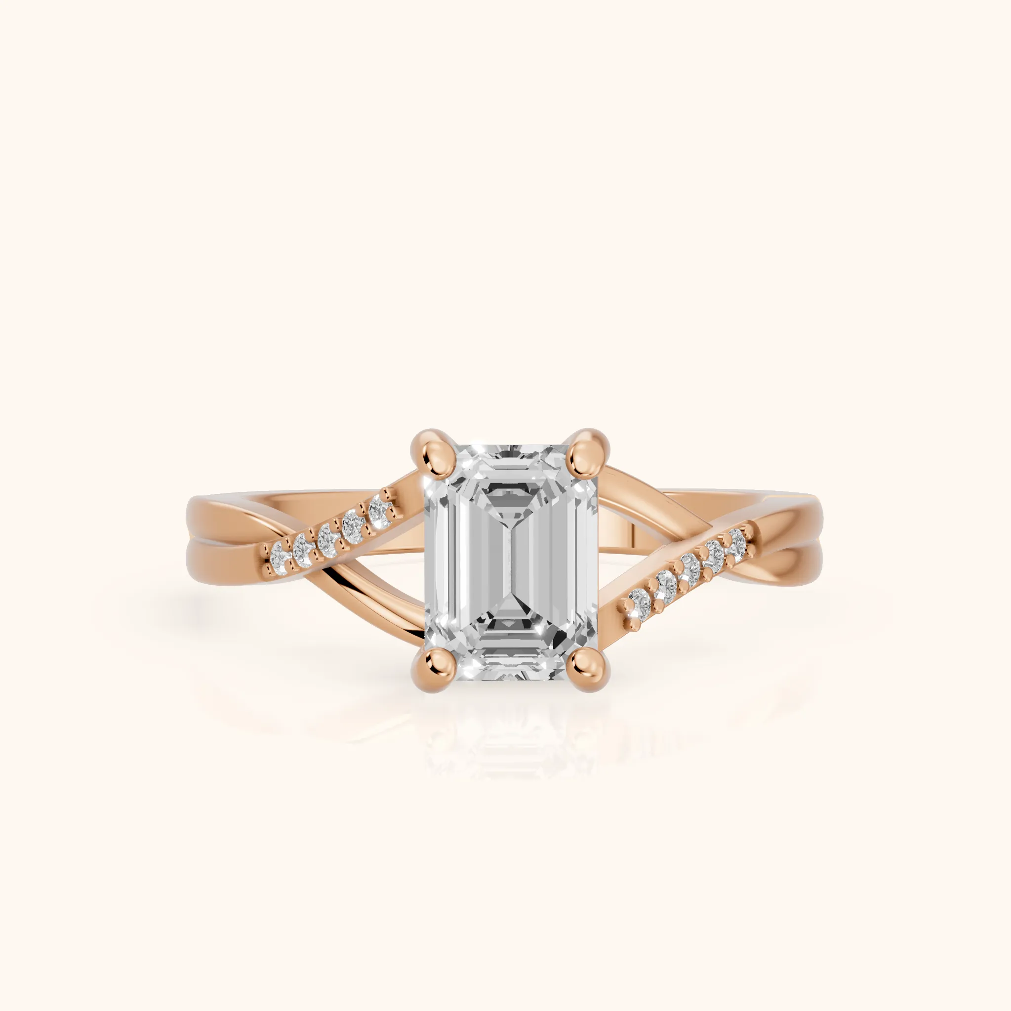 Veronica Twist Side Stone Emerald Diamond Engagement Ring in Rose Gold — view 1