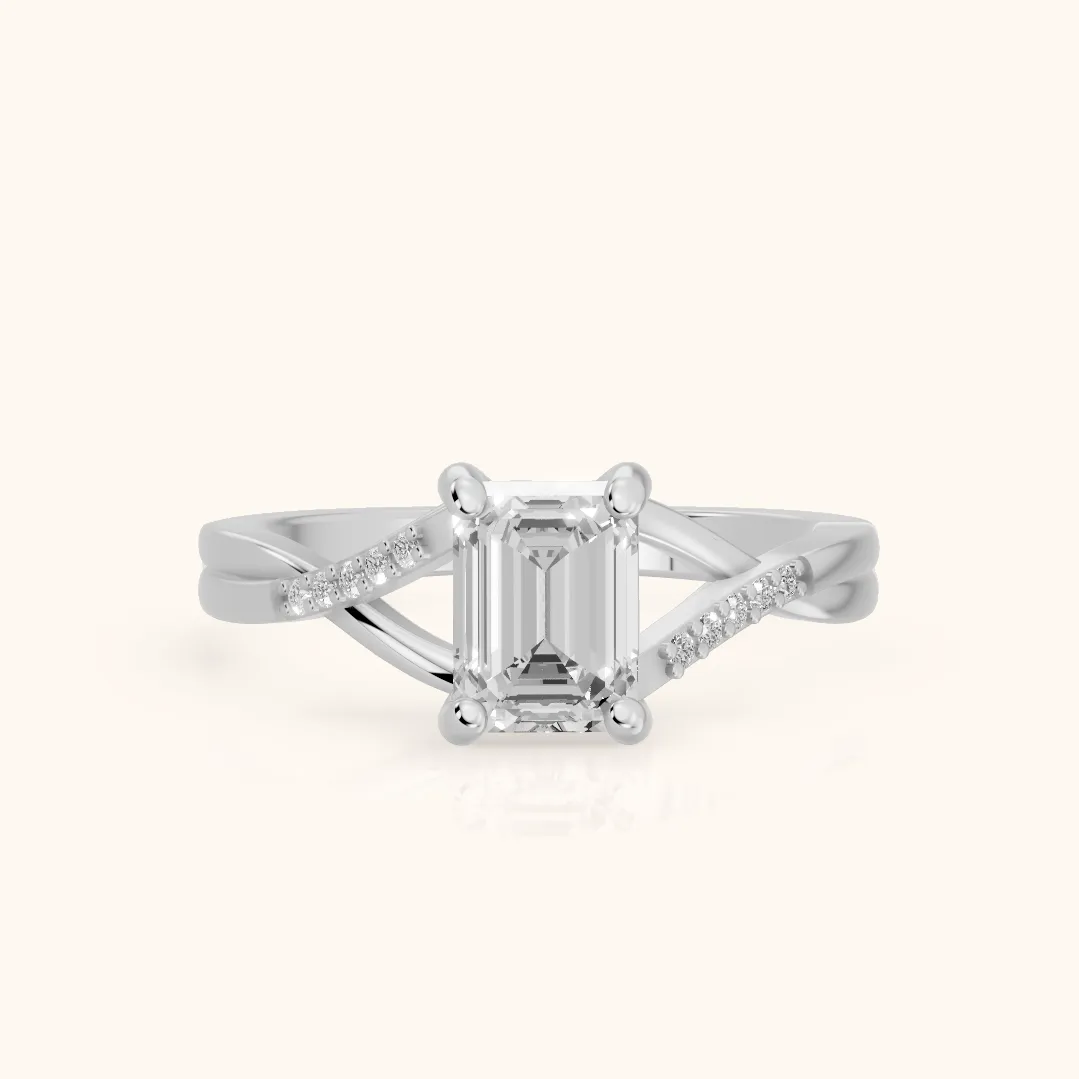 Bague de Fiançailles Véronica Twist avec Diamant Émeraude et Pierres Latérales en Or Blanc — view 2