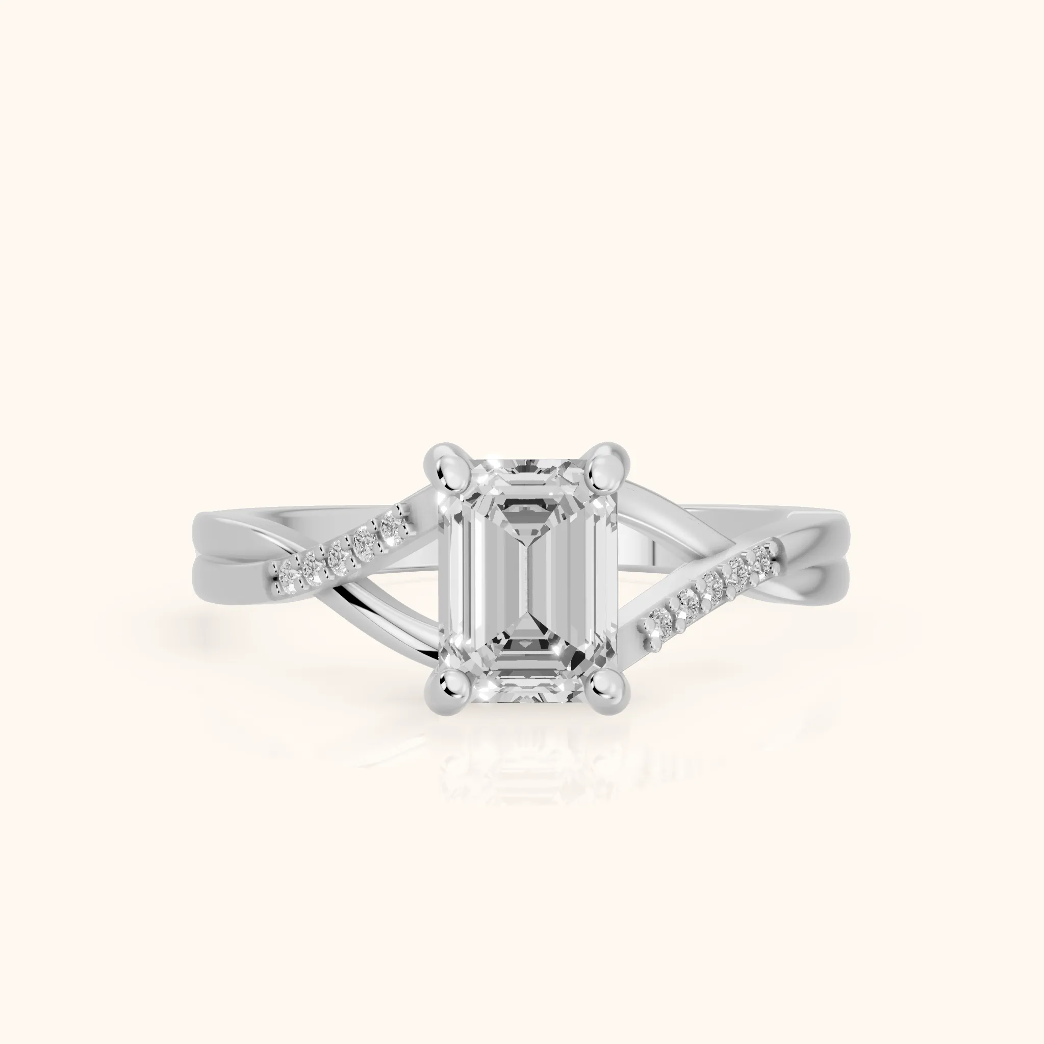 Bague de Fiançailles Véronica Twist avec Diamant Émeraude et Pierres Latérales en Or Blanc — view 1