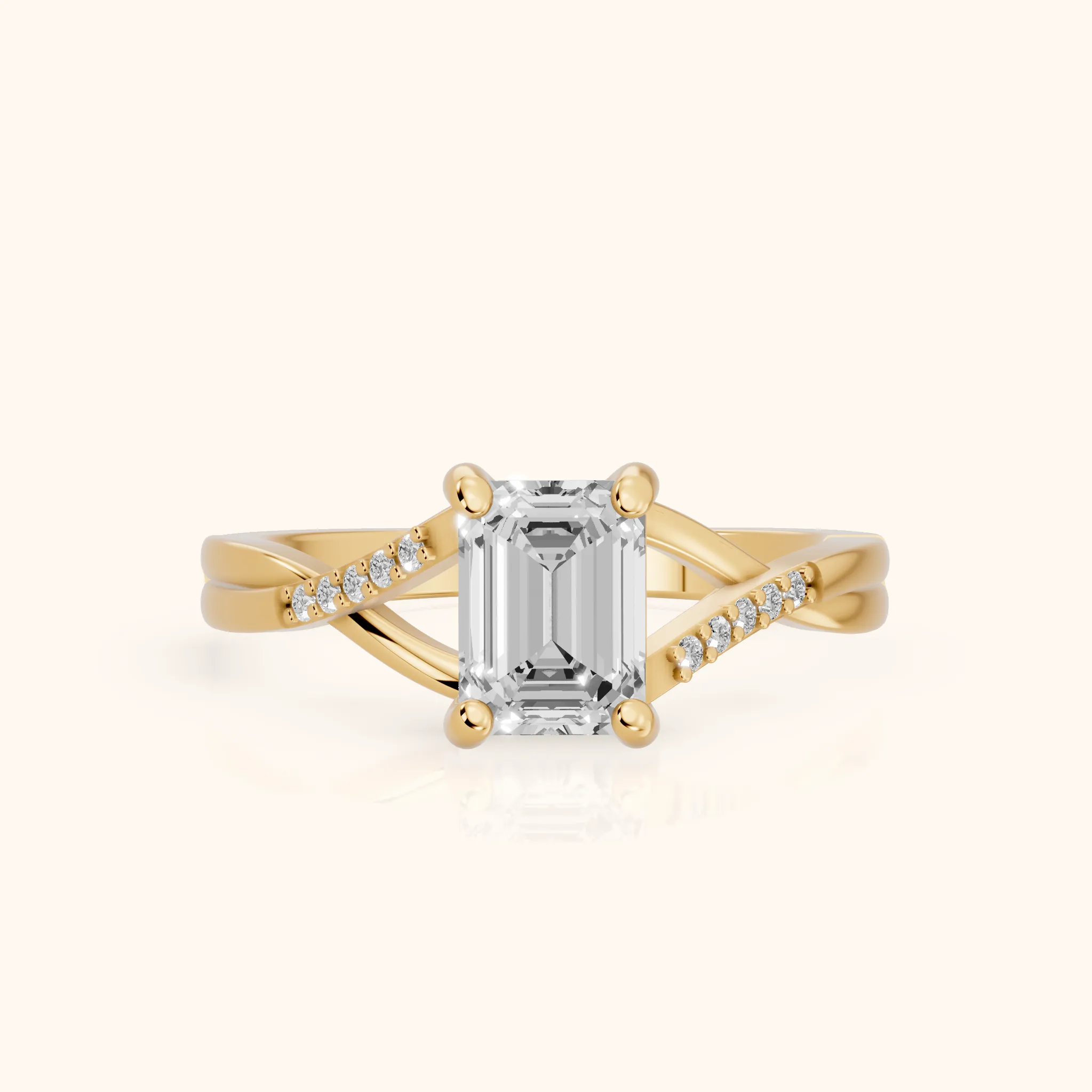 Veronica Twist Side Stone Emerald Diamond Engagement Ring in Yellow Gold — view 1