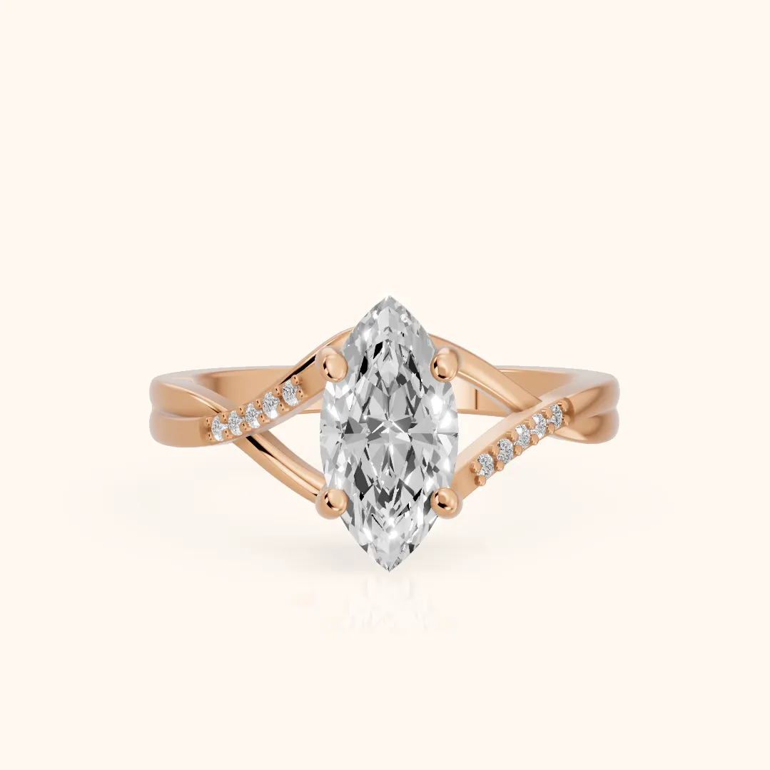 Veronica Twist Side Stone Marquise Diamond Engagement Ring in Rose Gold — view 2