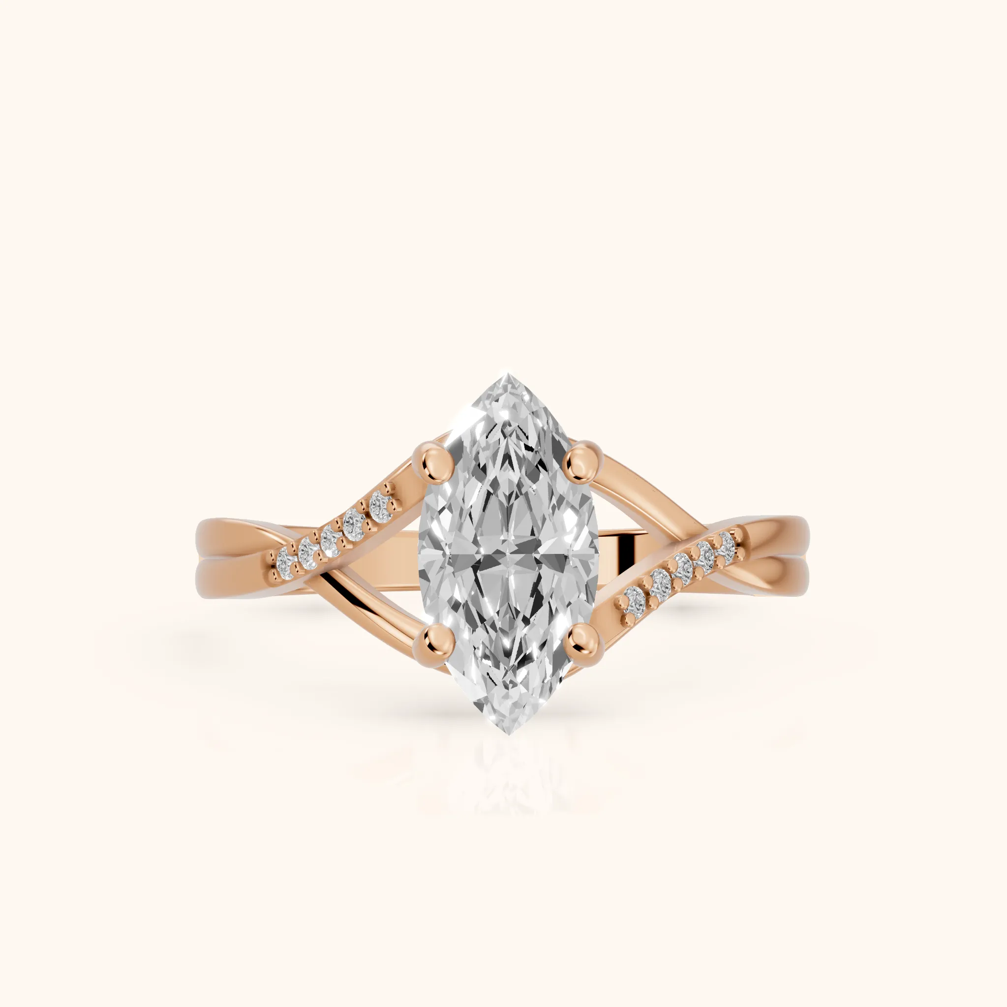 Veronica Twist Side Stone Marquise Diamond Engagement Ring in Rose Gold — view 1
