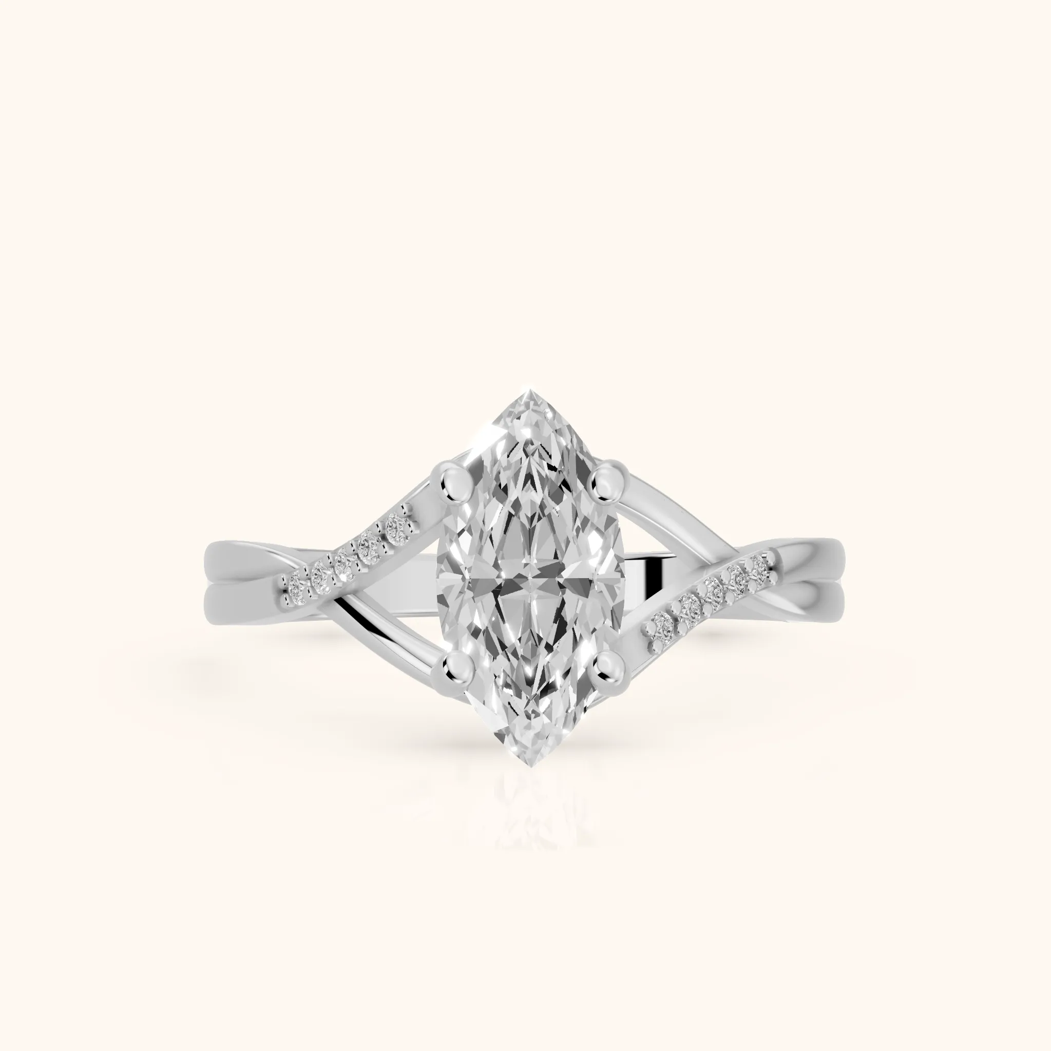 Bague de Fiançailles Veronica Twist avec Diamant Taille Marquise et Pierres Latérales en Or Blanc — view 1