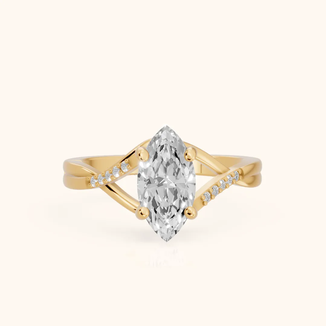 Veronica Twist Side Stone Marquise Diamond Engagement Ring in Yellow Gold — view 2