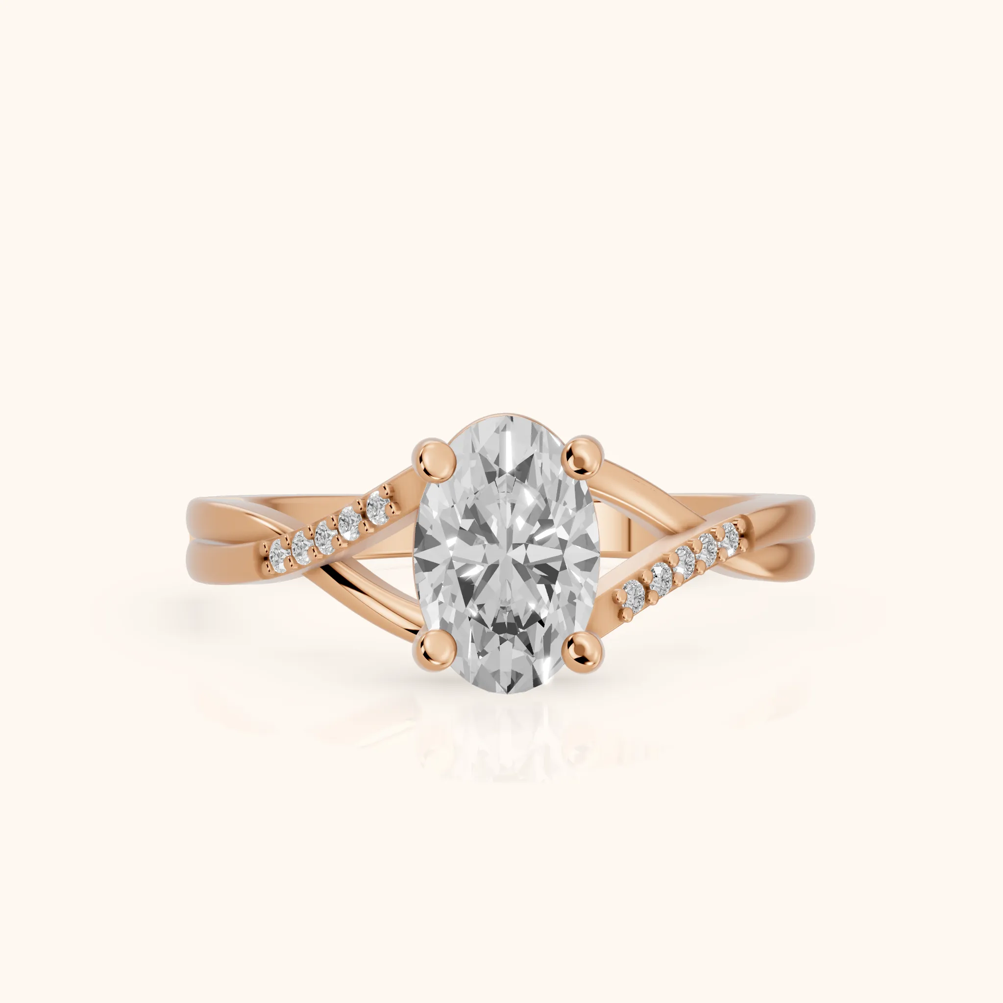 Veronica Twist Side Stone Oval Diamond Engagement Ring in Rose Gold — view 1
