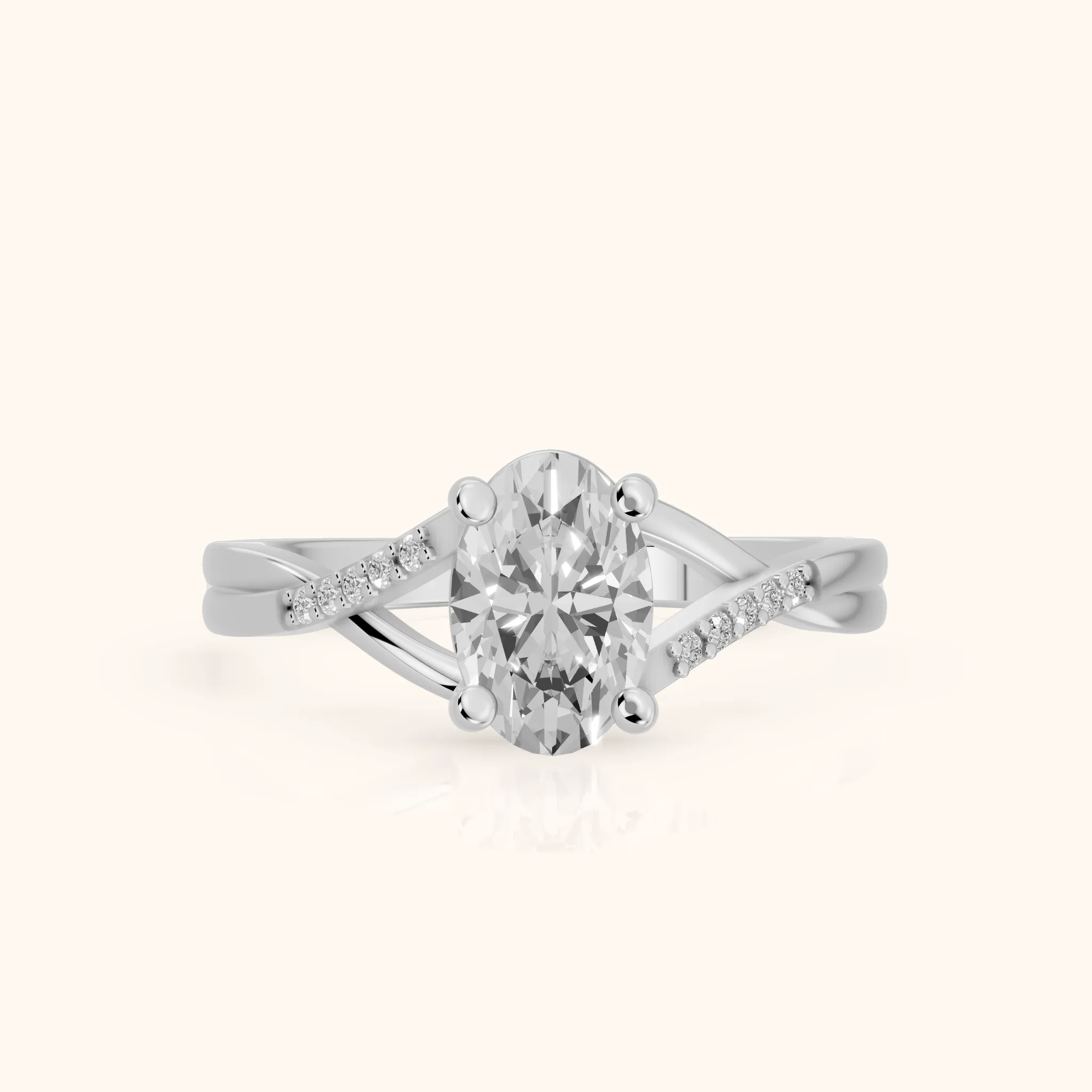 Bague de fiançailles en or blanc avec diamant ovale serti de pierres latérales torsadées Veronica — view 1