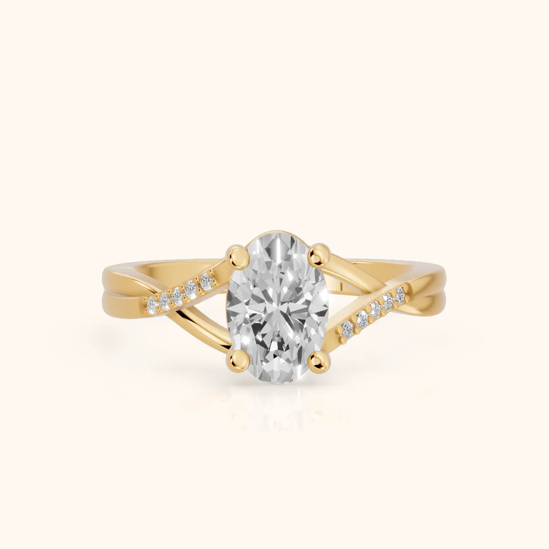 Veronica Twist Side Stone Oval Diamond Engagement Ring in Yellow Gold — view 2