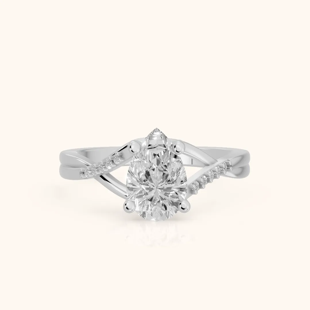 Bague de fiançailles Veronica avec diamant poire et pierres latérales torsadées en or blanc — view 2