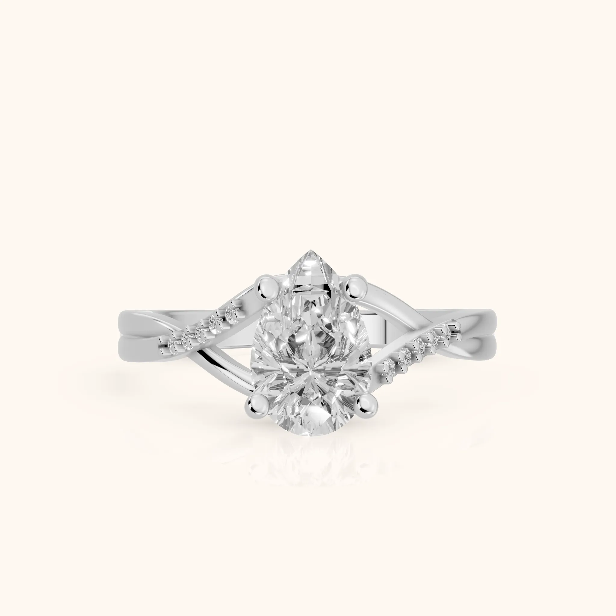 Bague de fiançailles Veronica avec diamant poire et pierres latérales torsadées en or blanc — view 1