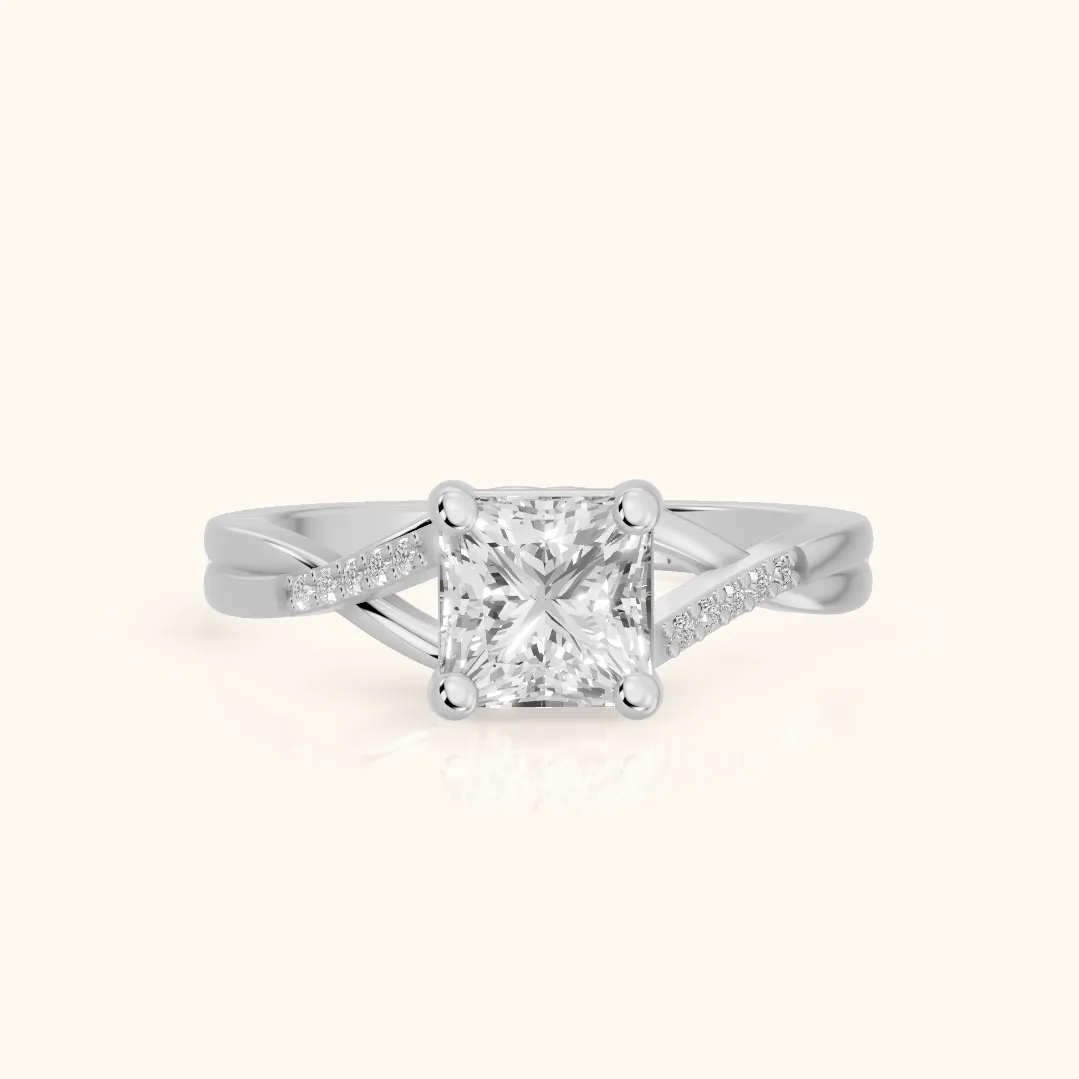 Bague de fiançailles en or blanc avec diamant princesse et pierre latérale torsadée Veronica — view 2