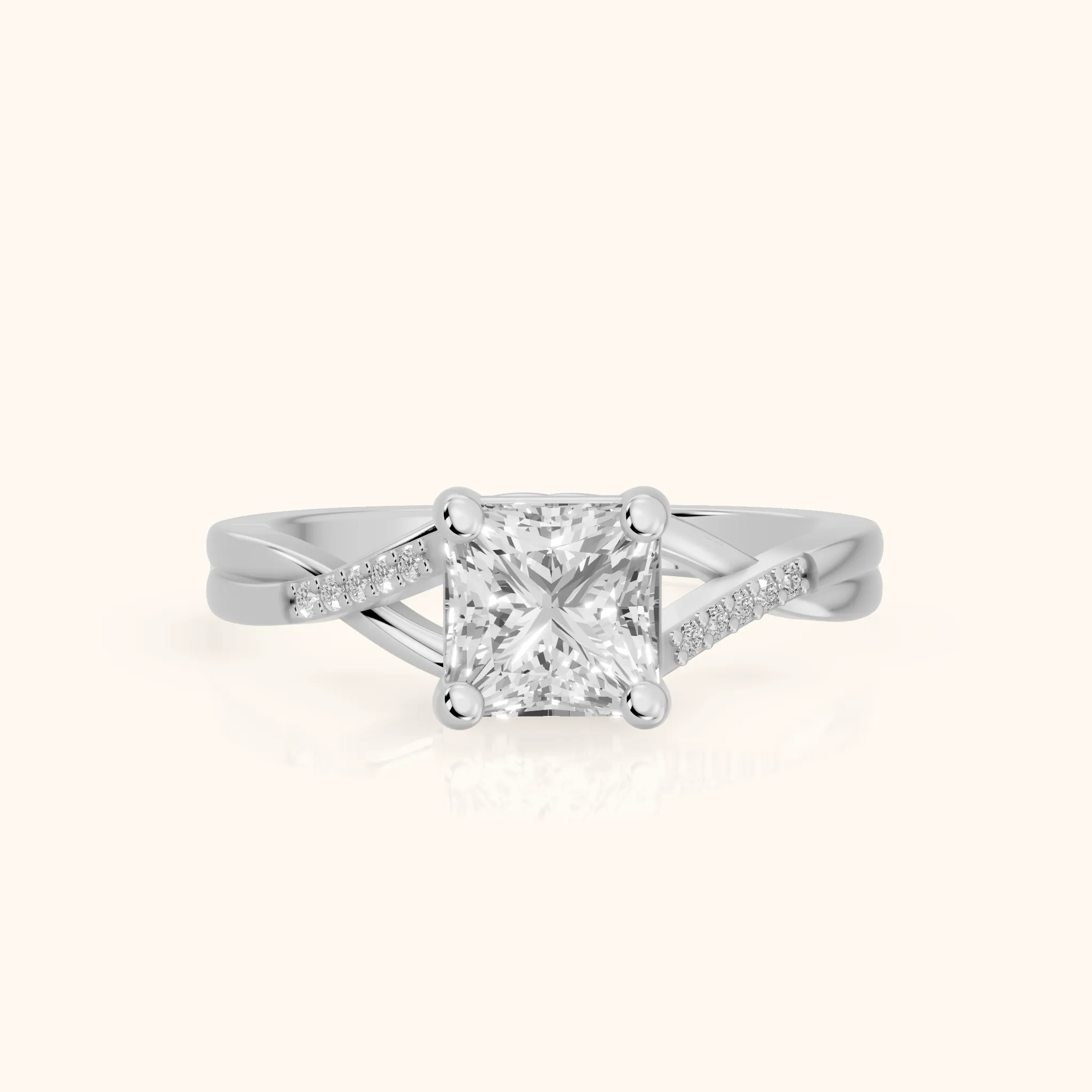 Bague de fiançailles en or blanc avec diamant princesse et pierre latérale torsadée Veronica — view 1