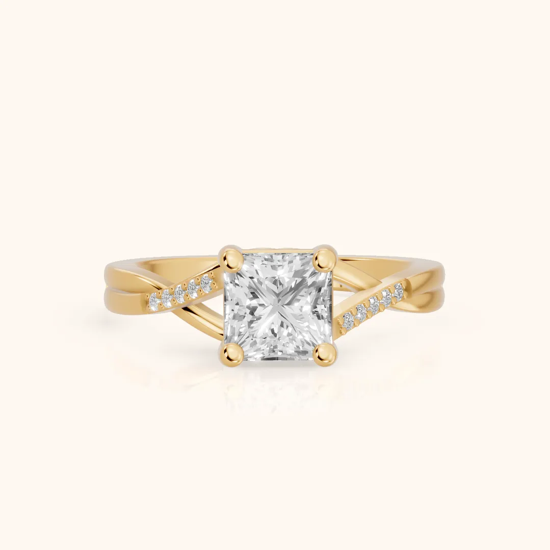 Veronica Twist Side Stone Princess Diamond Engagement Ring in Yellow Gold — view 2