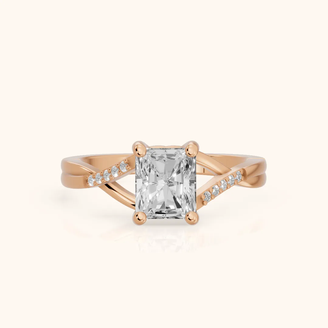 Veronica Twist Side Stone Radiant Diamond Engagement Ring in Rose Gold — view 2