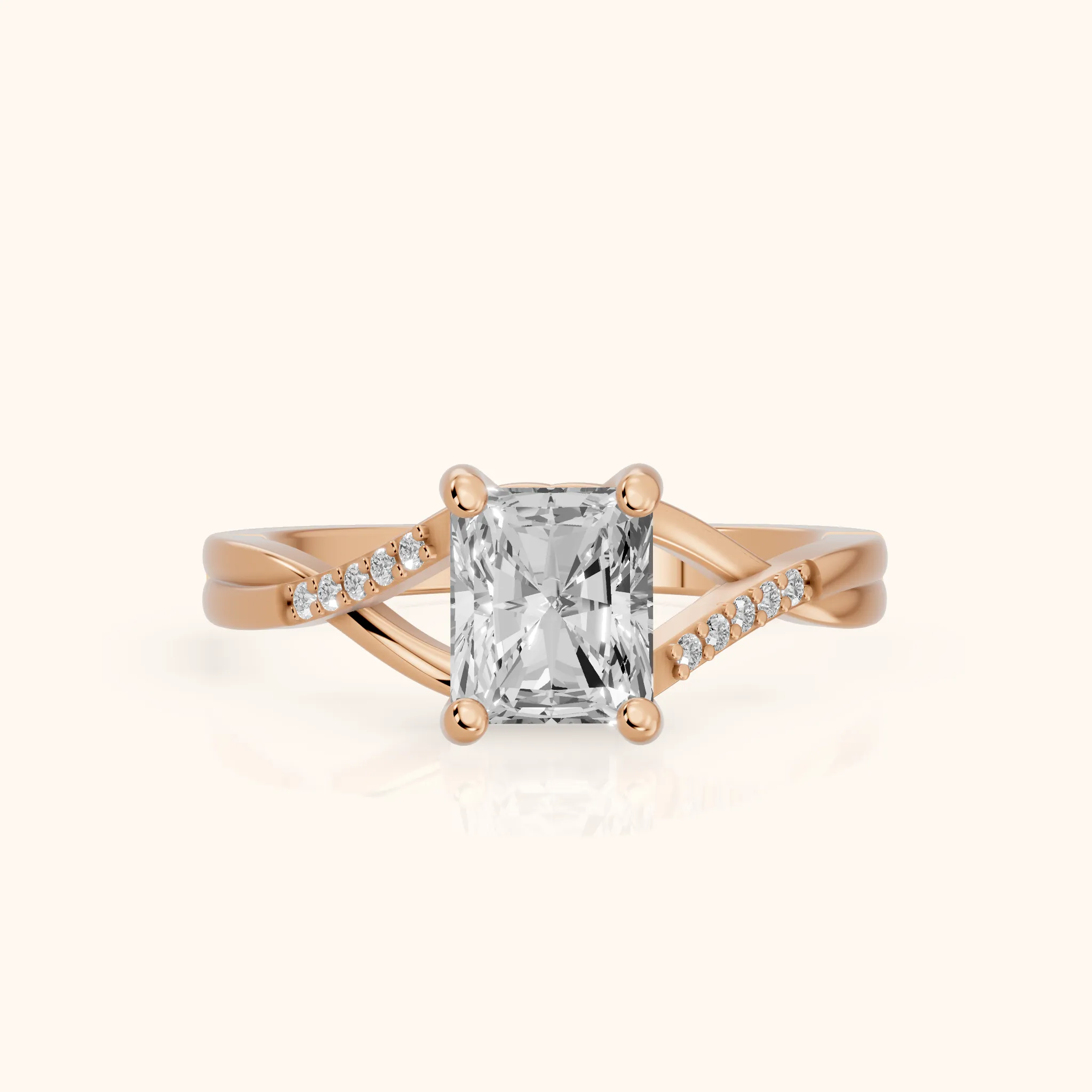 Veronica Twist Side Stone Radiant Diamond Engagement Ring in Rose Gold — view 1