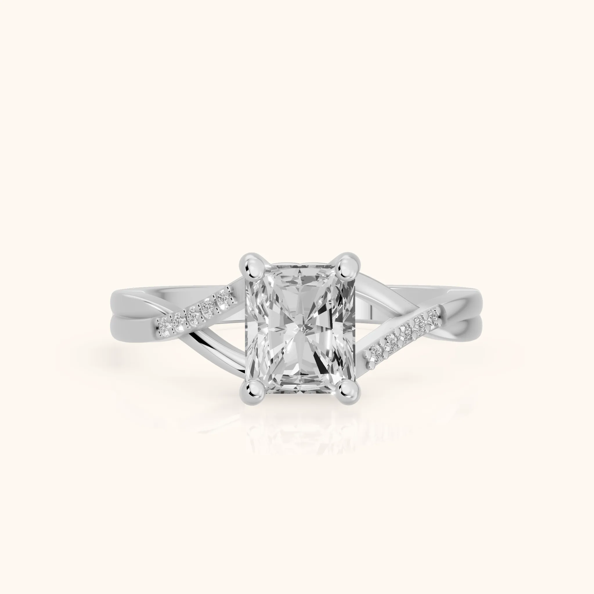 Bague de Fiançailles Veronica Twist avec Diamant Radiant et Pierres Latérales en Or Blanc — view 1