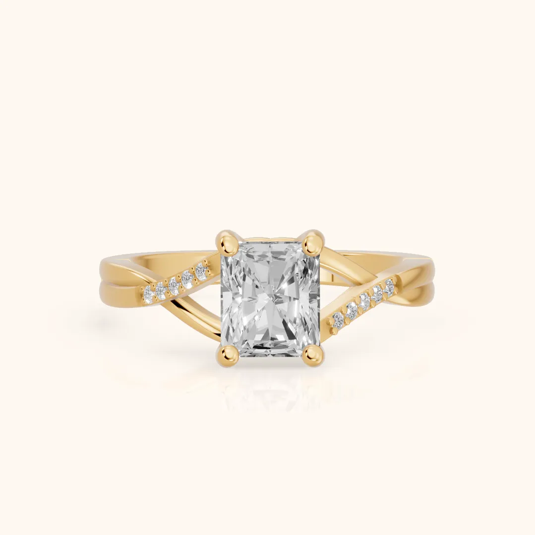 Veronica Twist Side Stone Radiant Diamond Engagement Ring in Yellow Gold — view 2