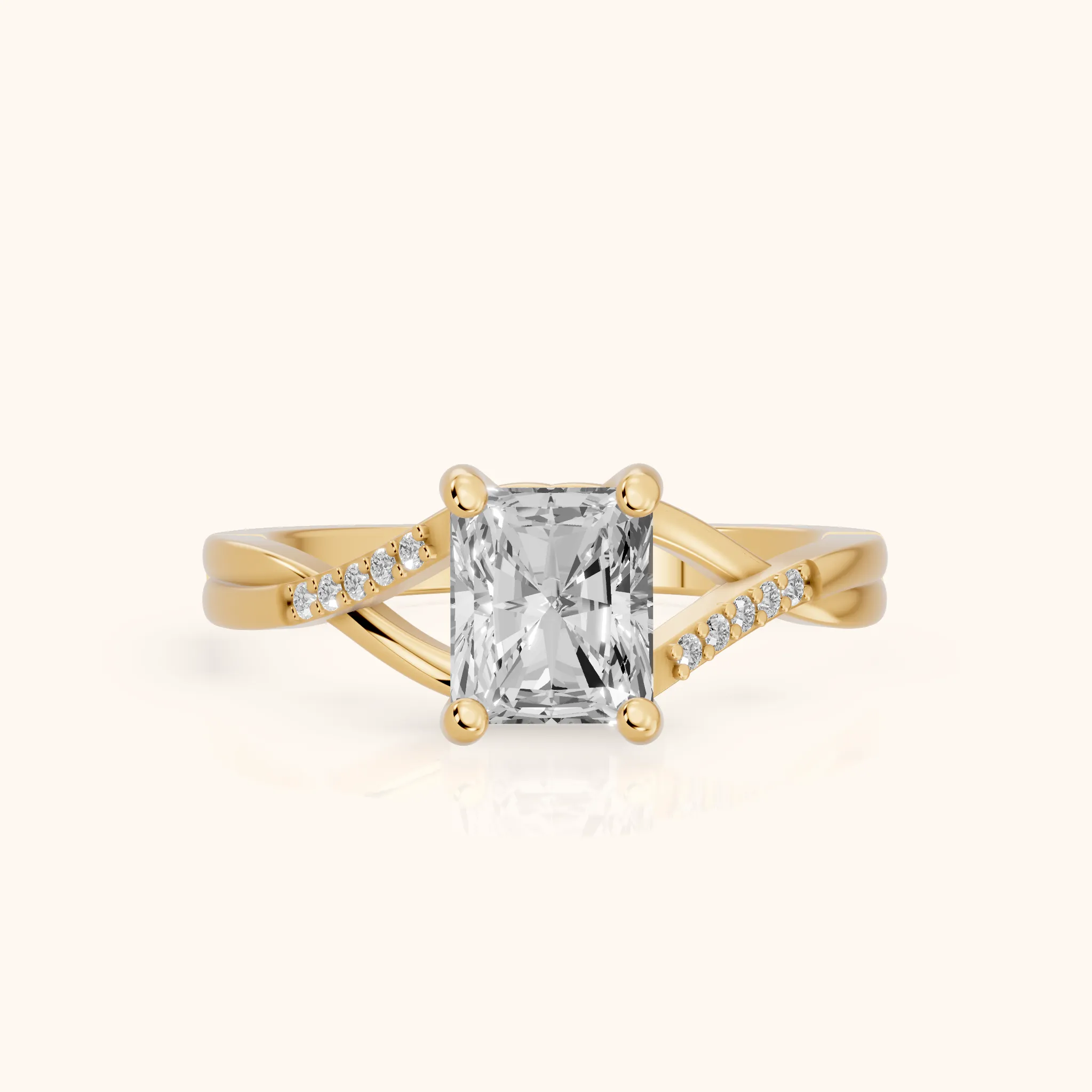 Veronica Twist Side Stone Radiant Diamond Engagement Ring in Yellow Gold — view 1