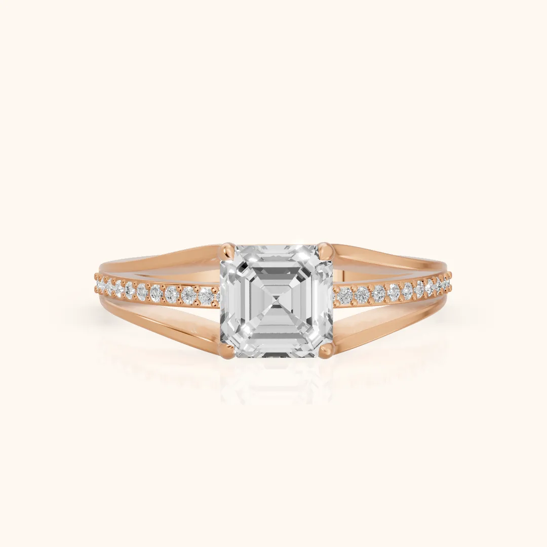 Lucinda Split Shank Asscher Diamond Engagement Ring in Rose Gold — view 2