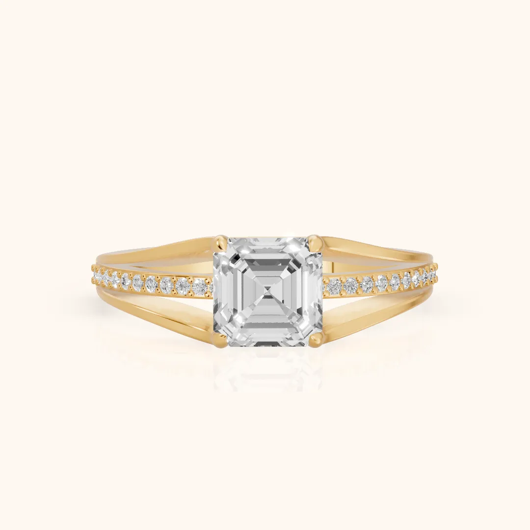 Lucinda Split Shank Asscher Diamond Engagement Ring in Yellow Gold — view 2
