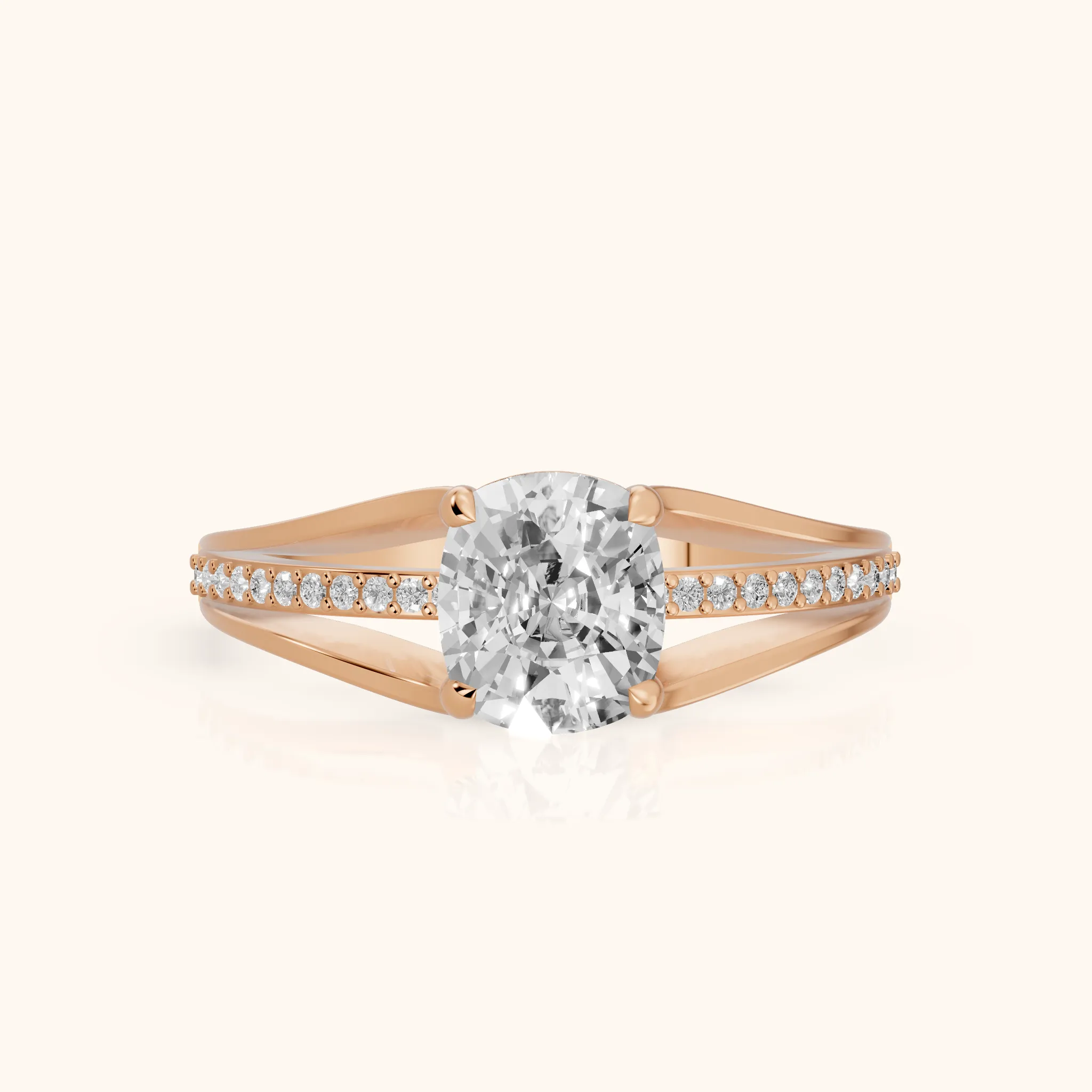 Lucinda Split Shank Cushion Diamond Engagement Ring in Rose Gold — view 1