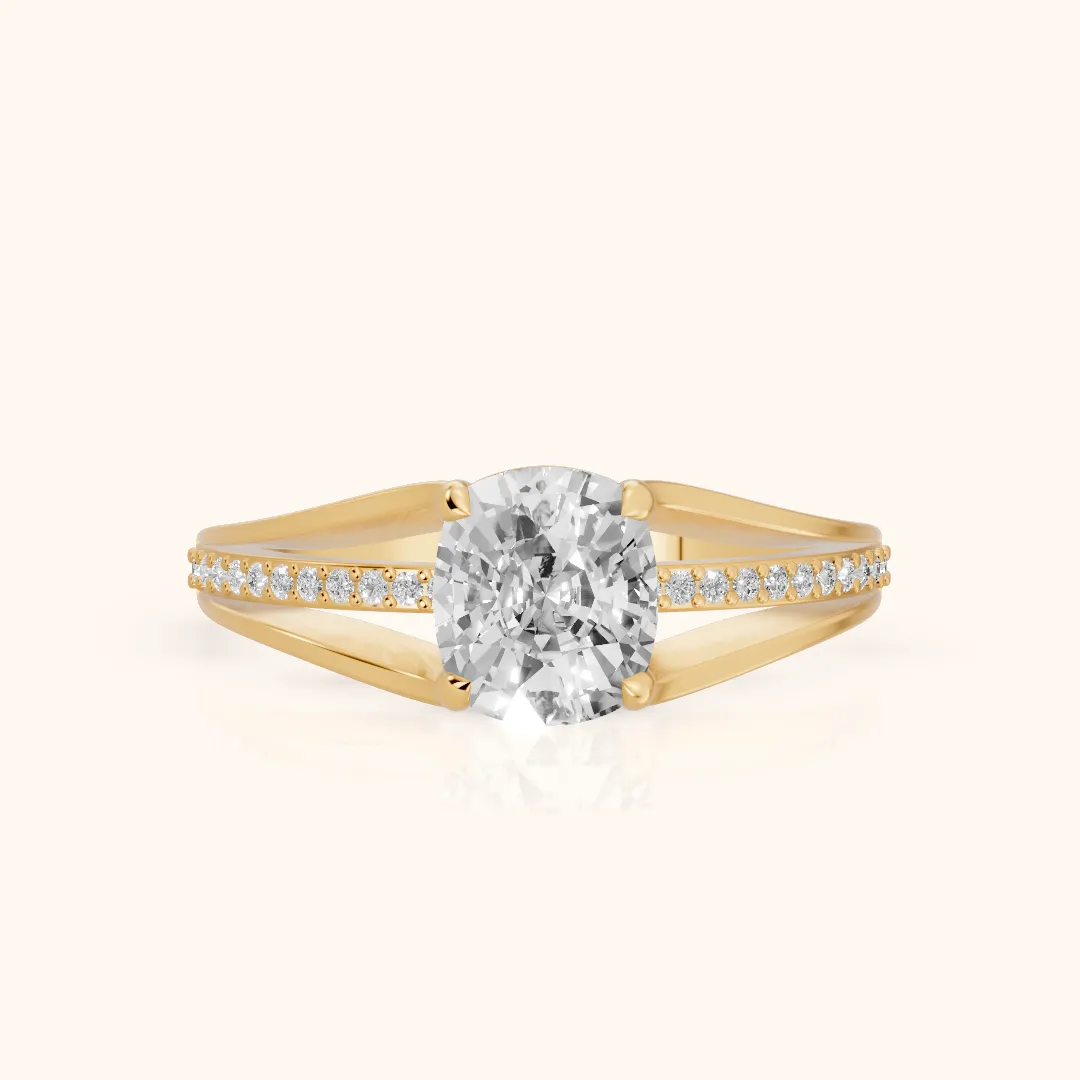Lucinda Split Shank Cushion Diamond Engagement Ring in Yellow Gold — view 2