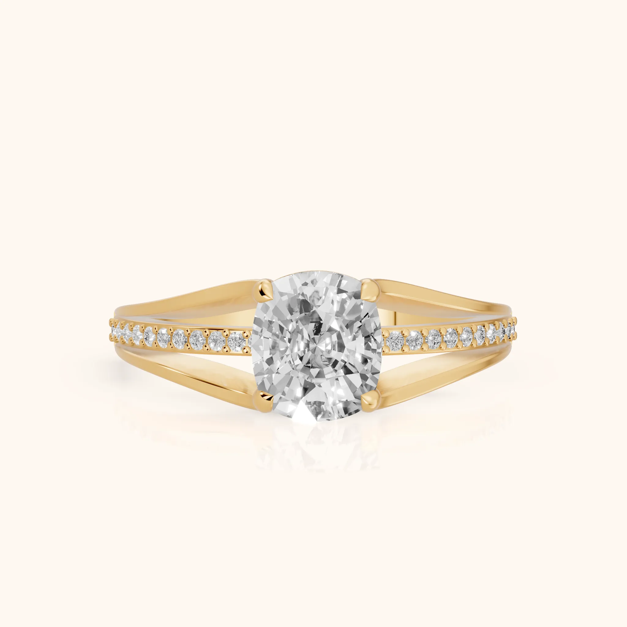 Lucinda Split Shank Cushion Diamond Engagement Ring in Yellow Gold — view 1