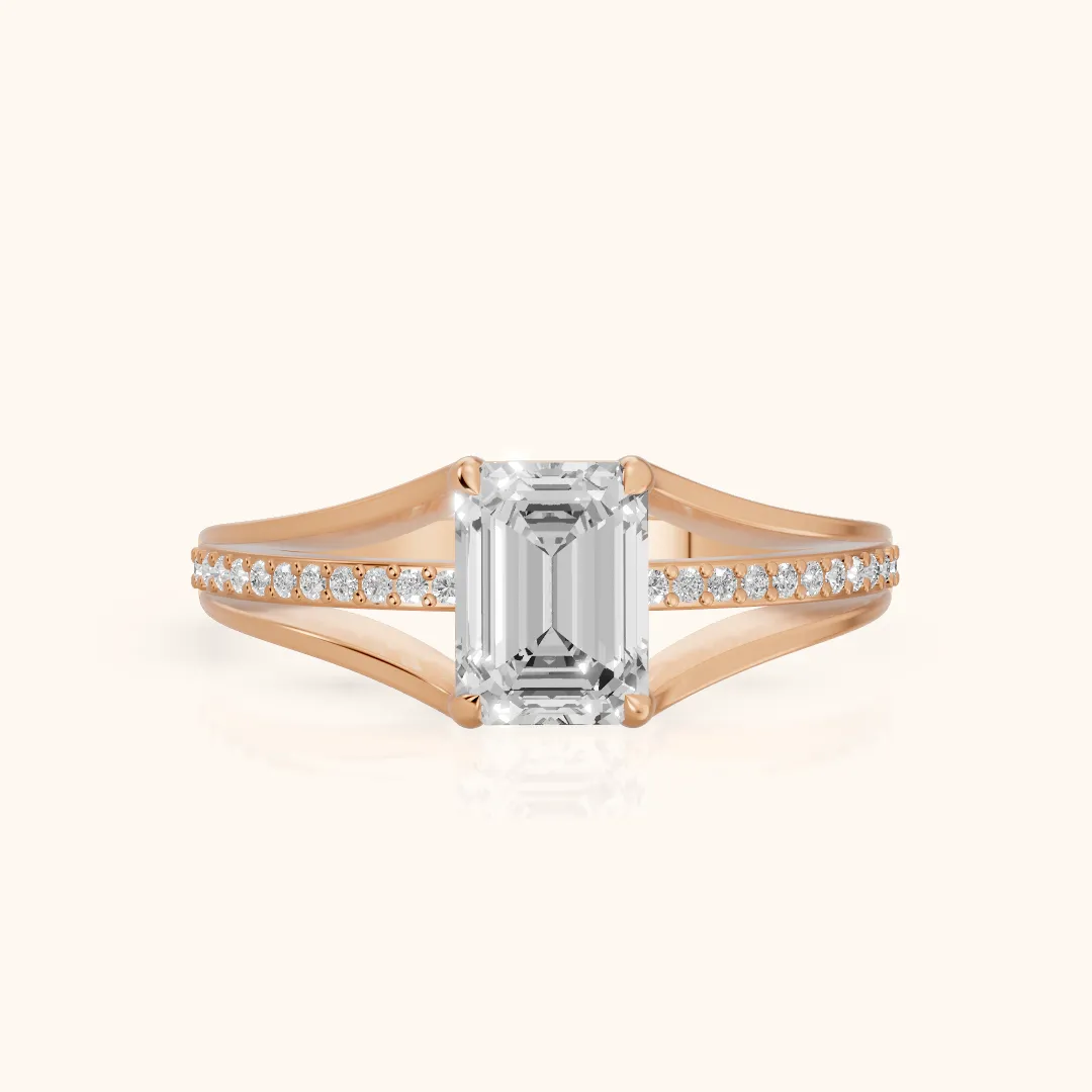 Lucinda Split Shank Emerald Diamond Engagement Ring in Rose Gold — view 2