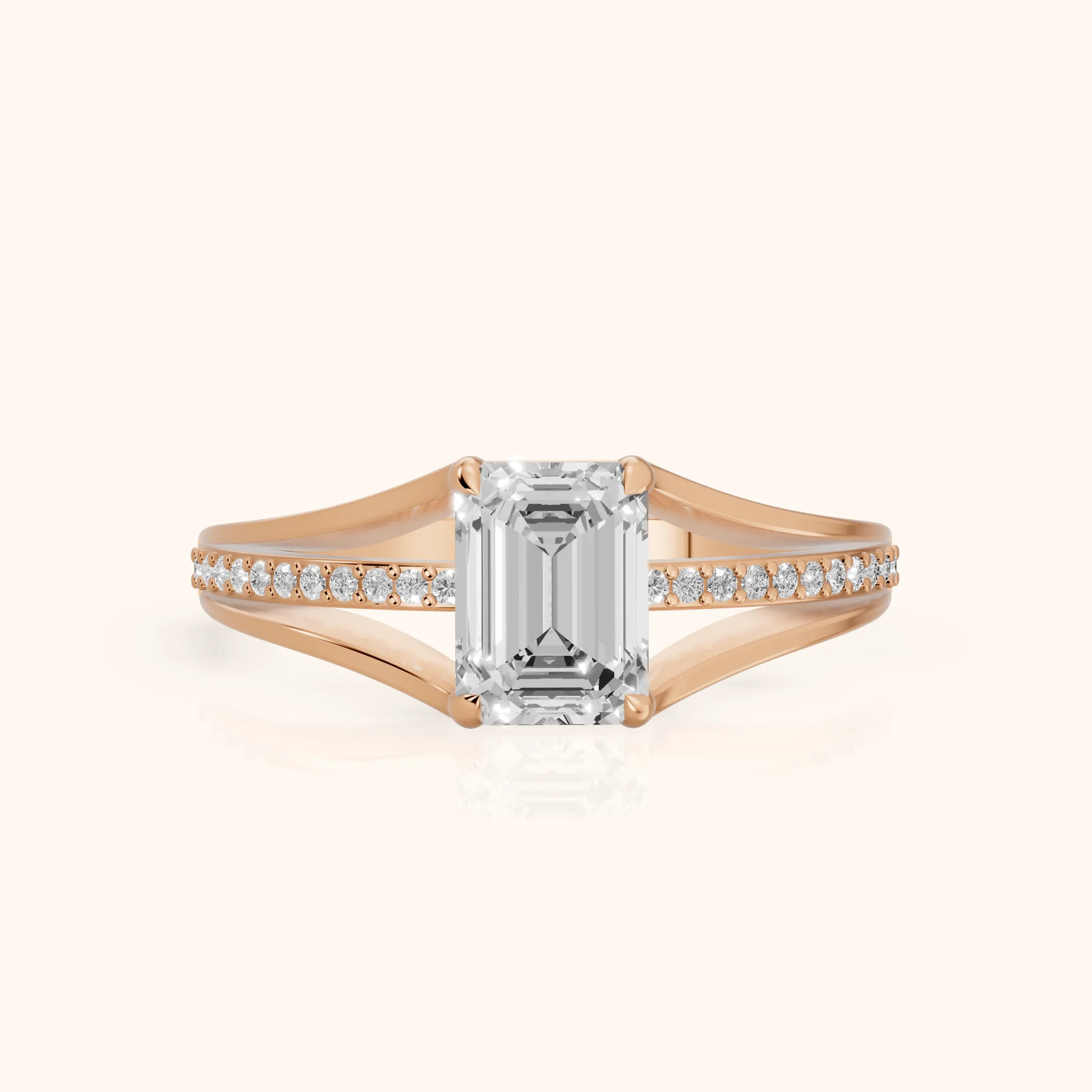 Lucinda Split Shank Emerald Diamond Engagement Ring in Rose Gold — view 1