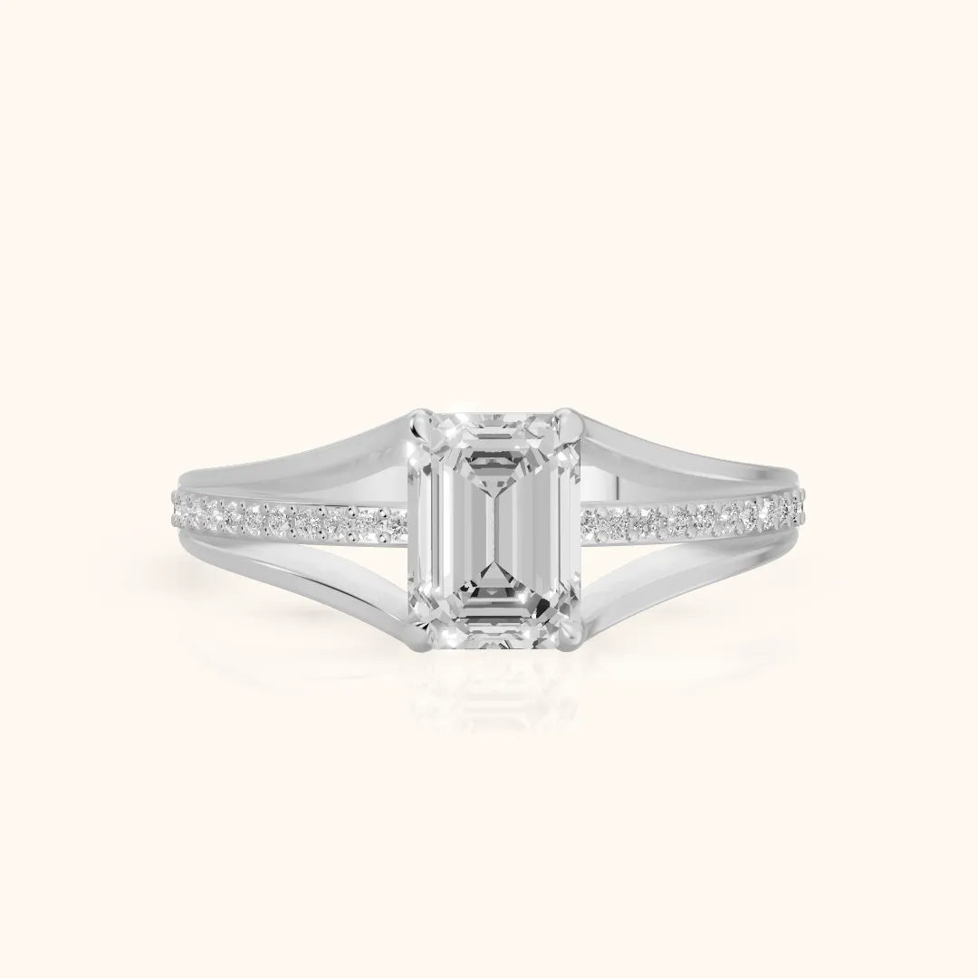 Lucinda Split Shank Emerald Diamond Engagement Ring in Silver — view 2