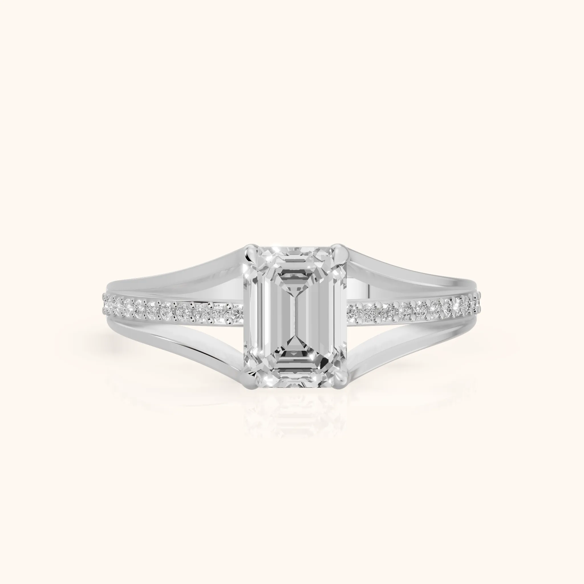 Lucinda Split Shank Emerald Diamond Engagement Ring in Silver — view 1