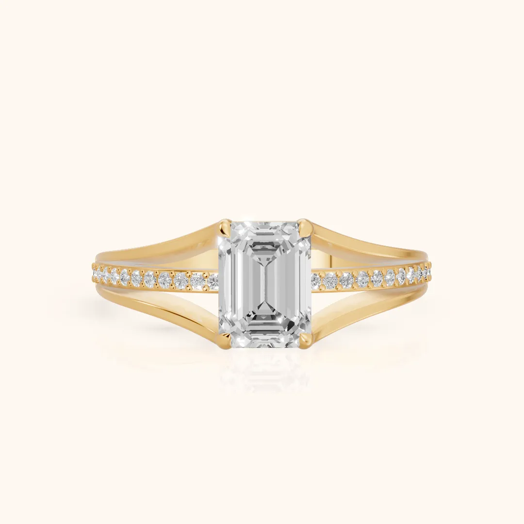 Lucinda Split Shank Emerald Diamond Engagement Ring in Yellow Gold — view 2