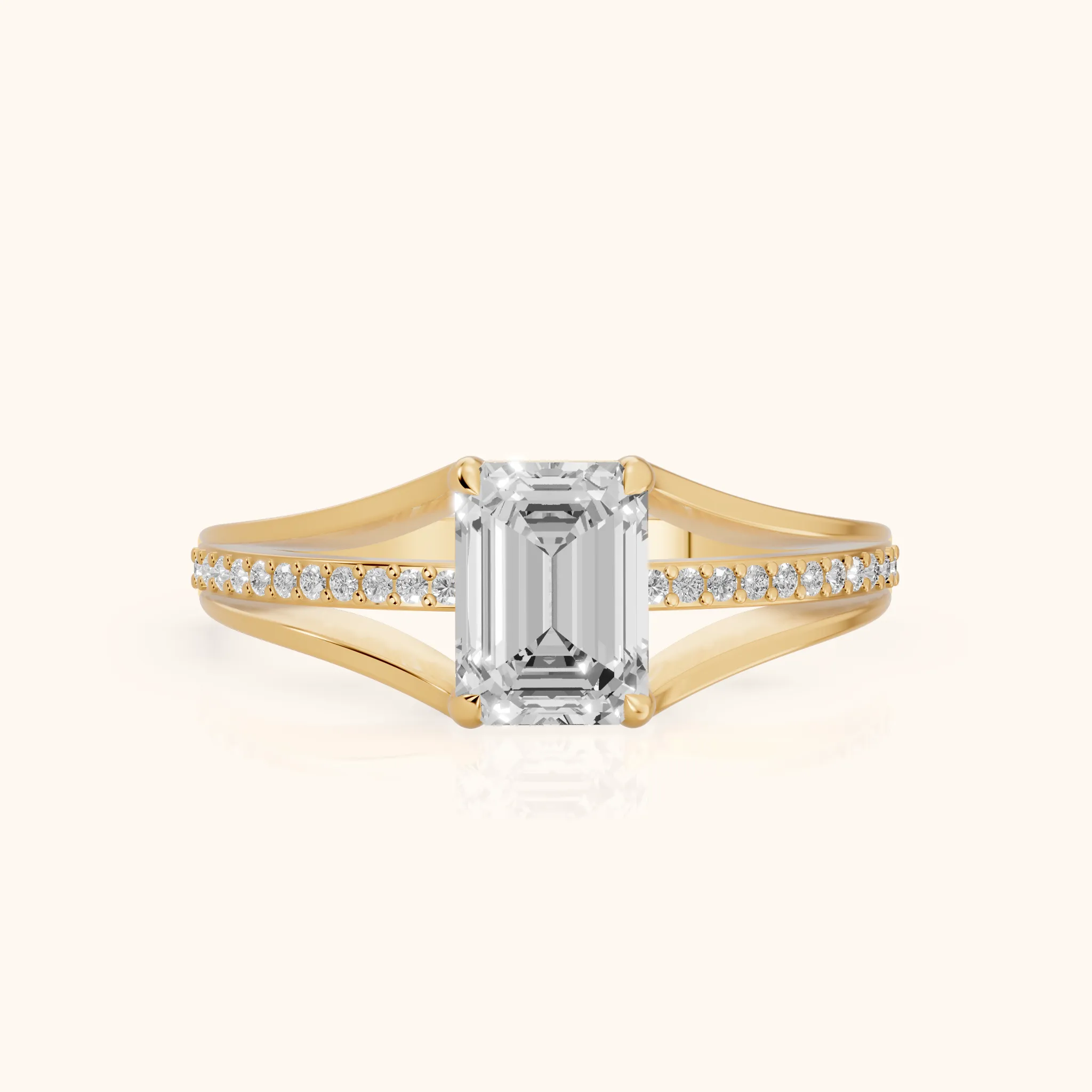 Lucinda Split Shank Emerald Diamond Engagement Ring in Yellow Gold — view 1