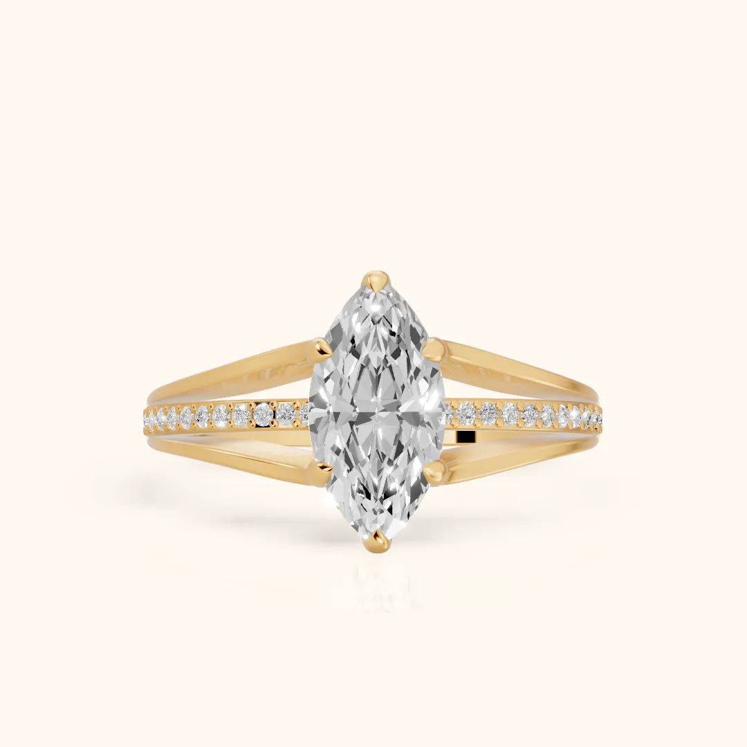 Lucinda Split Shank Marquise Diamond Engagement Ring in Yellow Gold — view 2