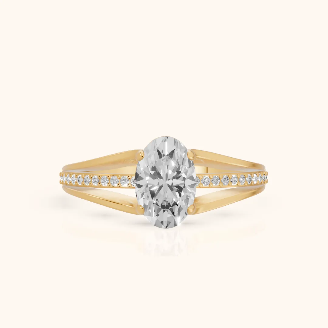 Lucinda Split Shank Oval Diamond Engagement Ring in Yellow Gold — view 2
