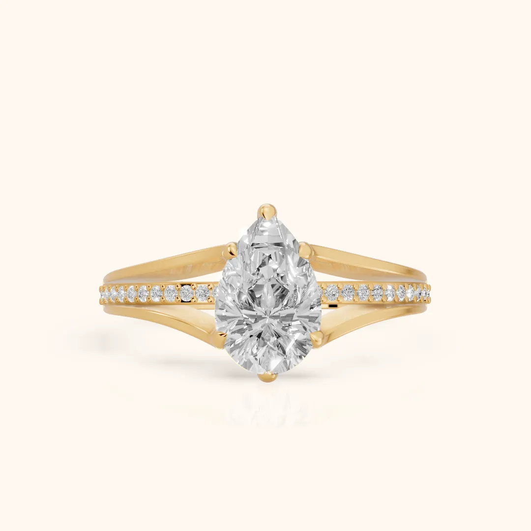 Lucinda Split Shank Pear Diamond Engagement Ring in Yellow Gold — view 2
